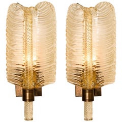 Pair of Wall Sconces Barovier & Toso Gold Toned Glass Murano, Italy, 1960