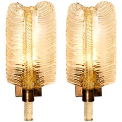 Pair of Wall Sconces Barovier & Toso Gold Toned Glass Murano, Italy, 1960