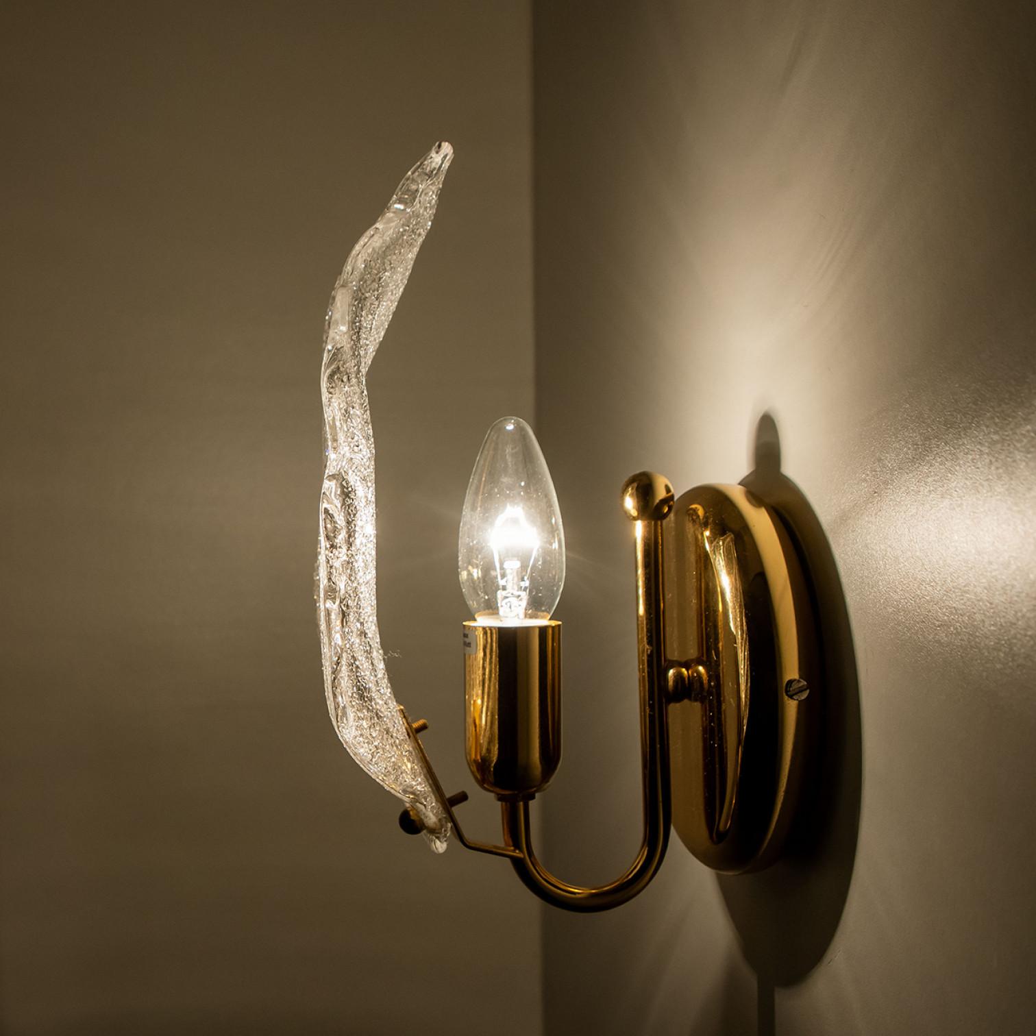 Brass Pair of Wall Sconces Barovier & Toso Leaves Murano Glass, Italy, 1960 For Sale