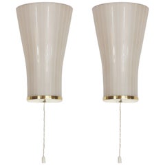 Pair of Wall Sconces Brass and White Textured Opaline