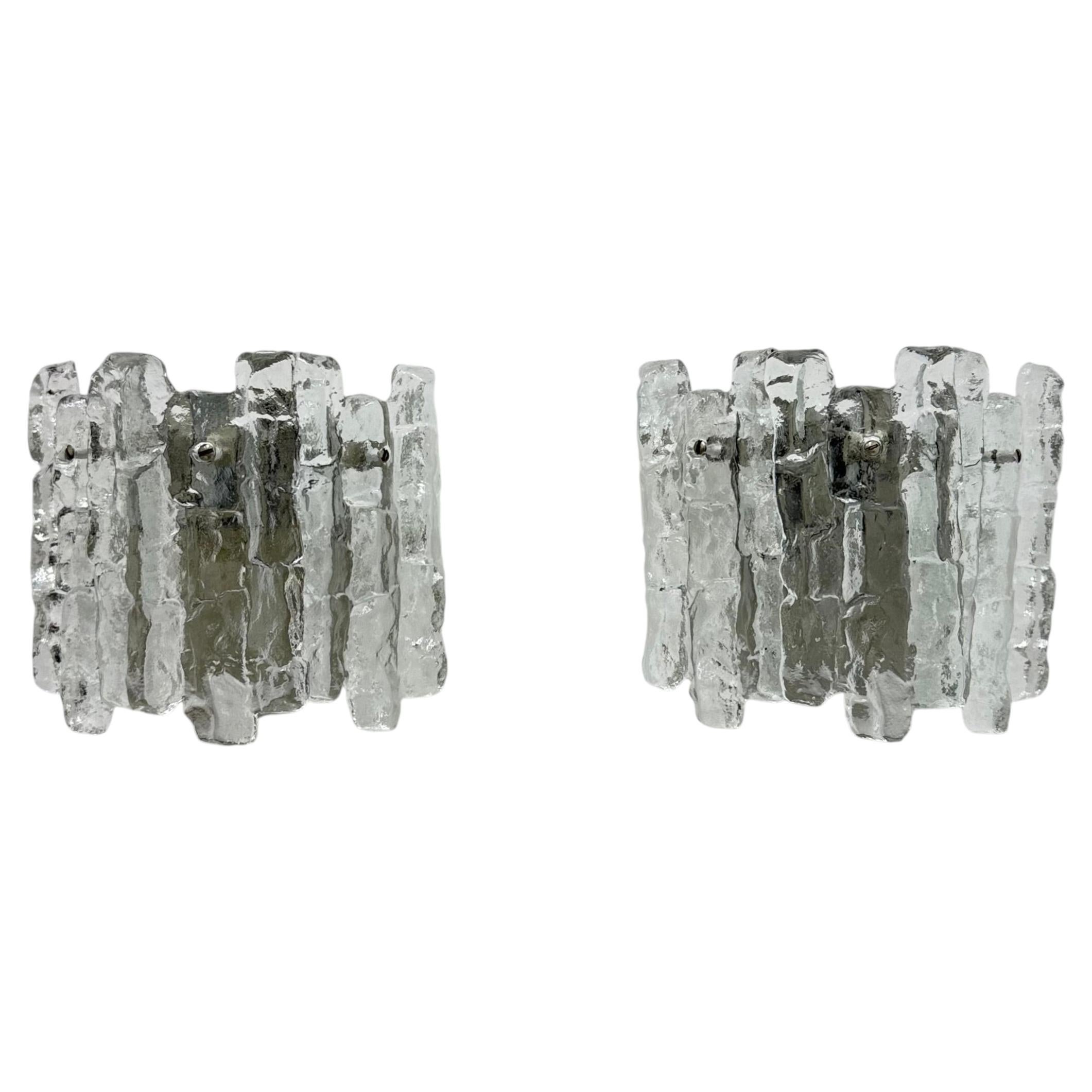 Pair of Wall sconces ice glass and metal by J.T. Kalmar for Kalmar, 1960s