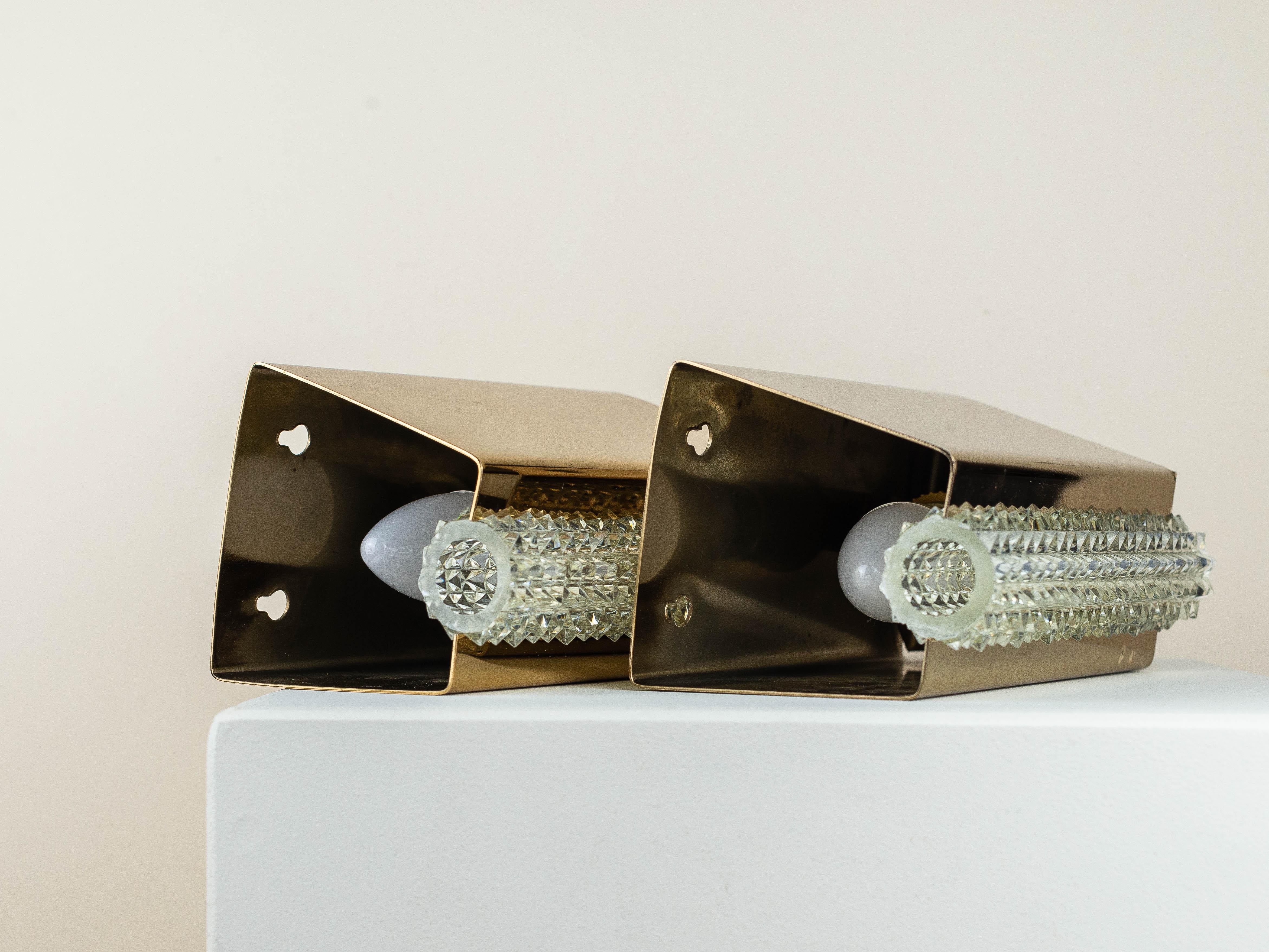 Pair of Wall Sconces in Brass and Glass, France 1960s 7