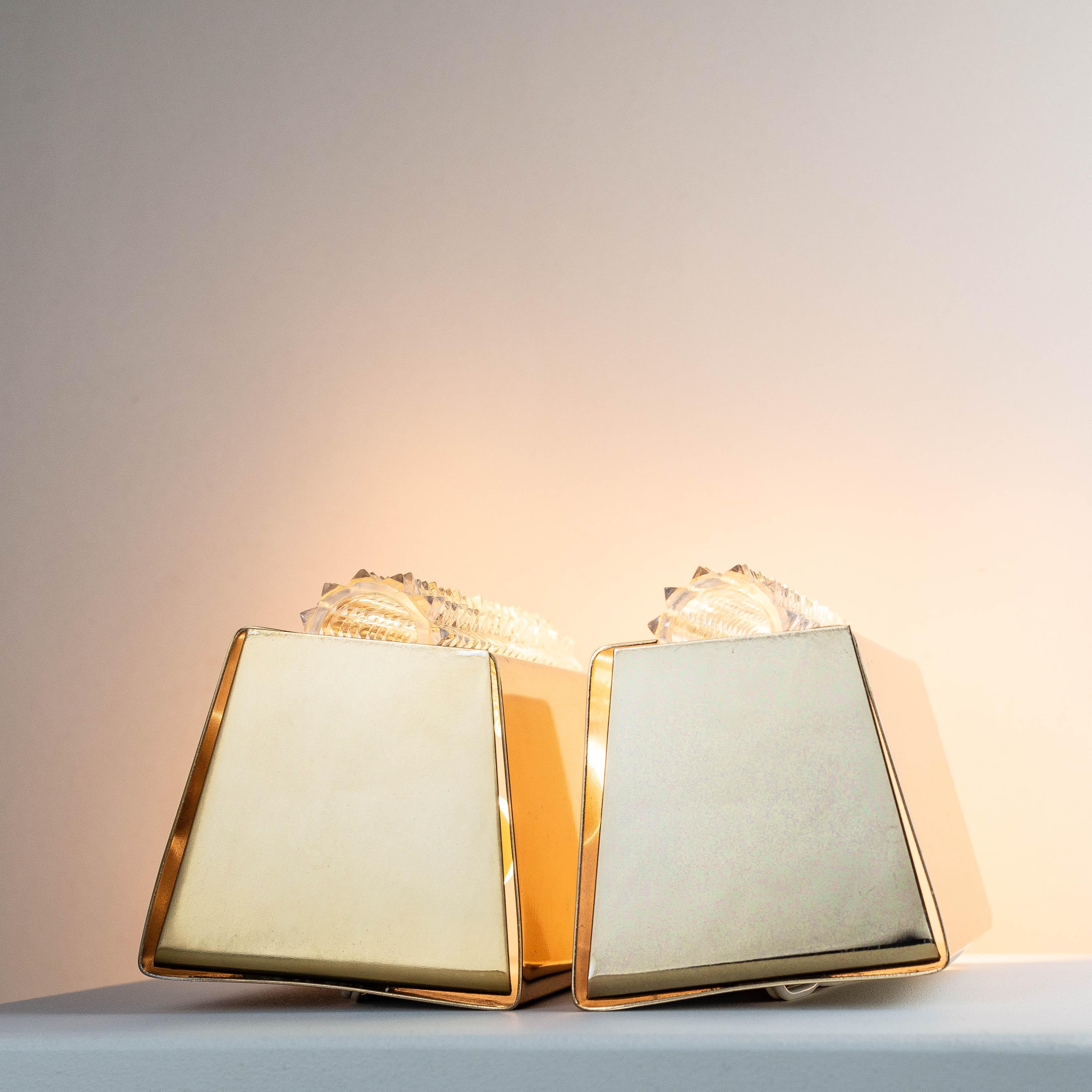 Cast Pair of Wall Sconces in Brass and Glass, France 1960s