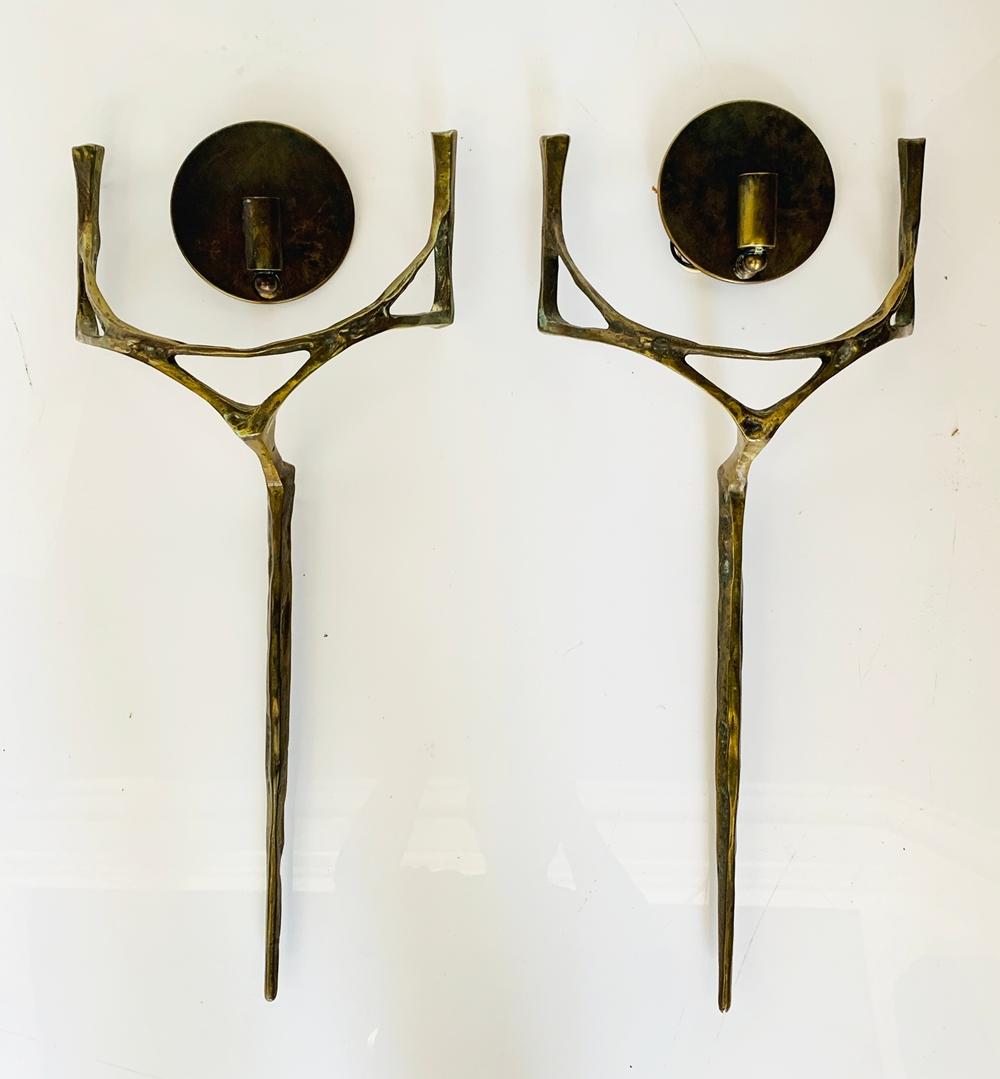 Pair of Wall Sconces in Bronze, & Brass w/ Linen Shades 4