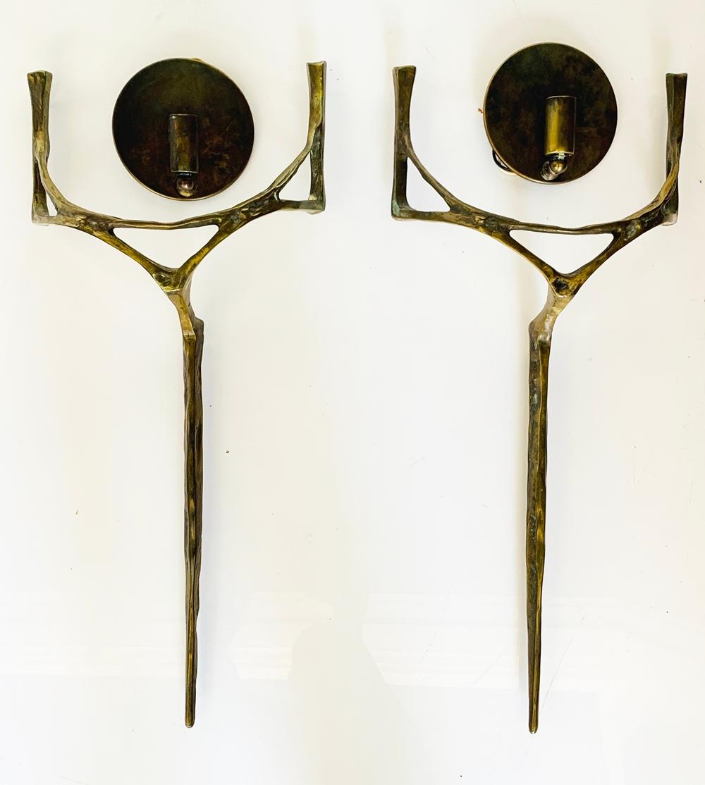 Pair of Wall Sconces in Bronze, & Brass w/ Linen Shades 7