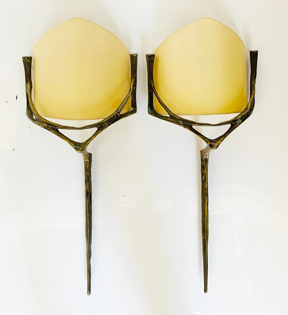 Mid-Century Modern Pair of Wall Sconces in Bronze, & Brass w/ Linen Shades