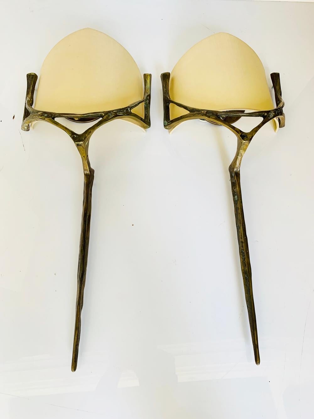 Pair of Wall Sconces in Bronze, & Brass w/ Linen Shades In Good Condition In Los Angeles, CA