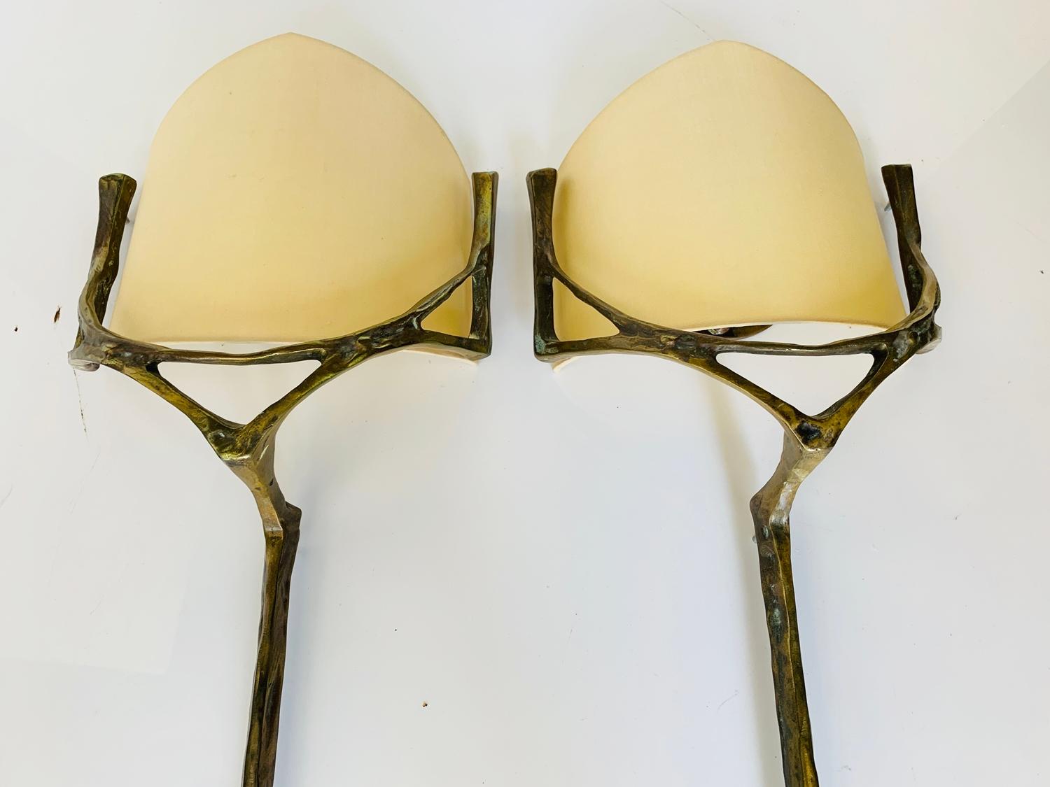Late 20th Century Pair of Wall Sconces in Bronze, & Brass w/ Linen Shades