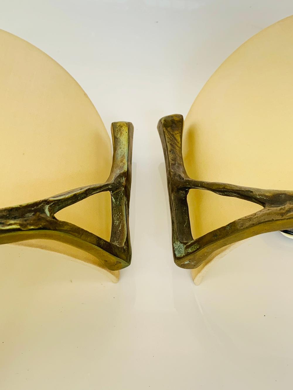 Pair of Wall Sconces in Bronze, & Brass w/ Linen Shades 2