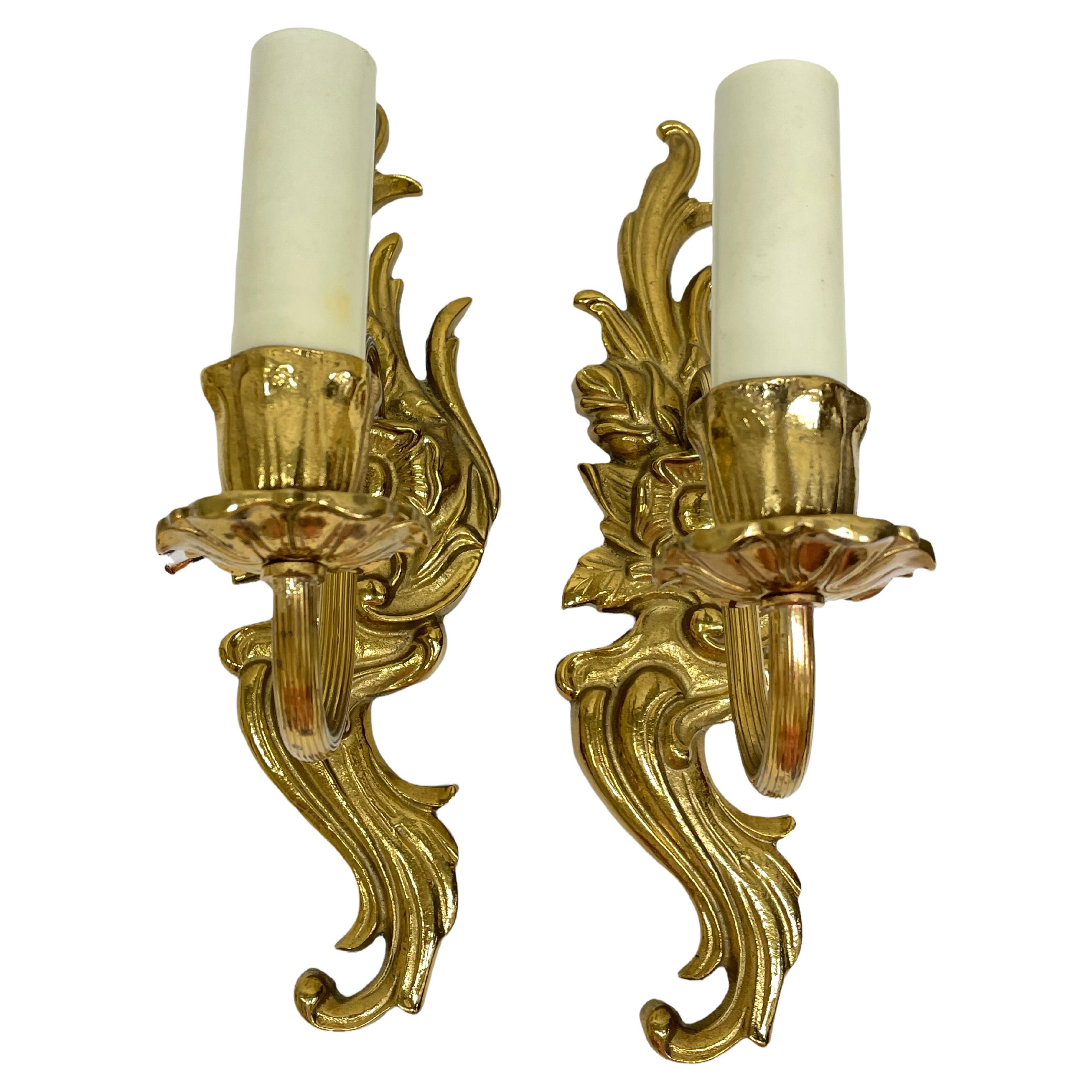 Pair of Wall Sconces in Bronze with Flower Leaf Motif, Sweden, 1960s For Sale