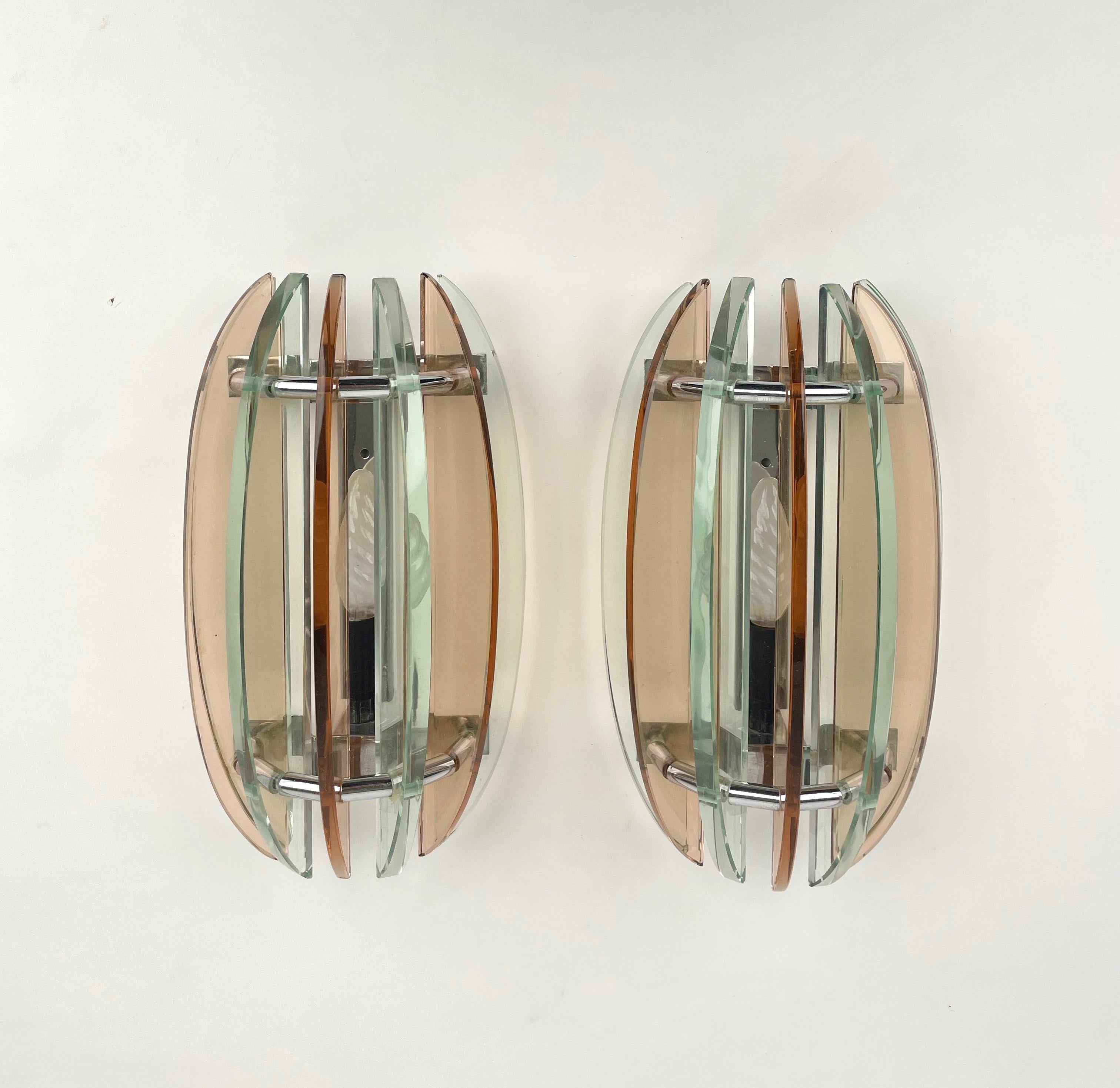 Mid-Century Modern Pair of Wall Sconces in Colored Glass and Chrome by Veca, Italy, 1970s For Sale