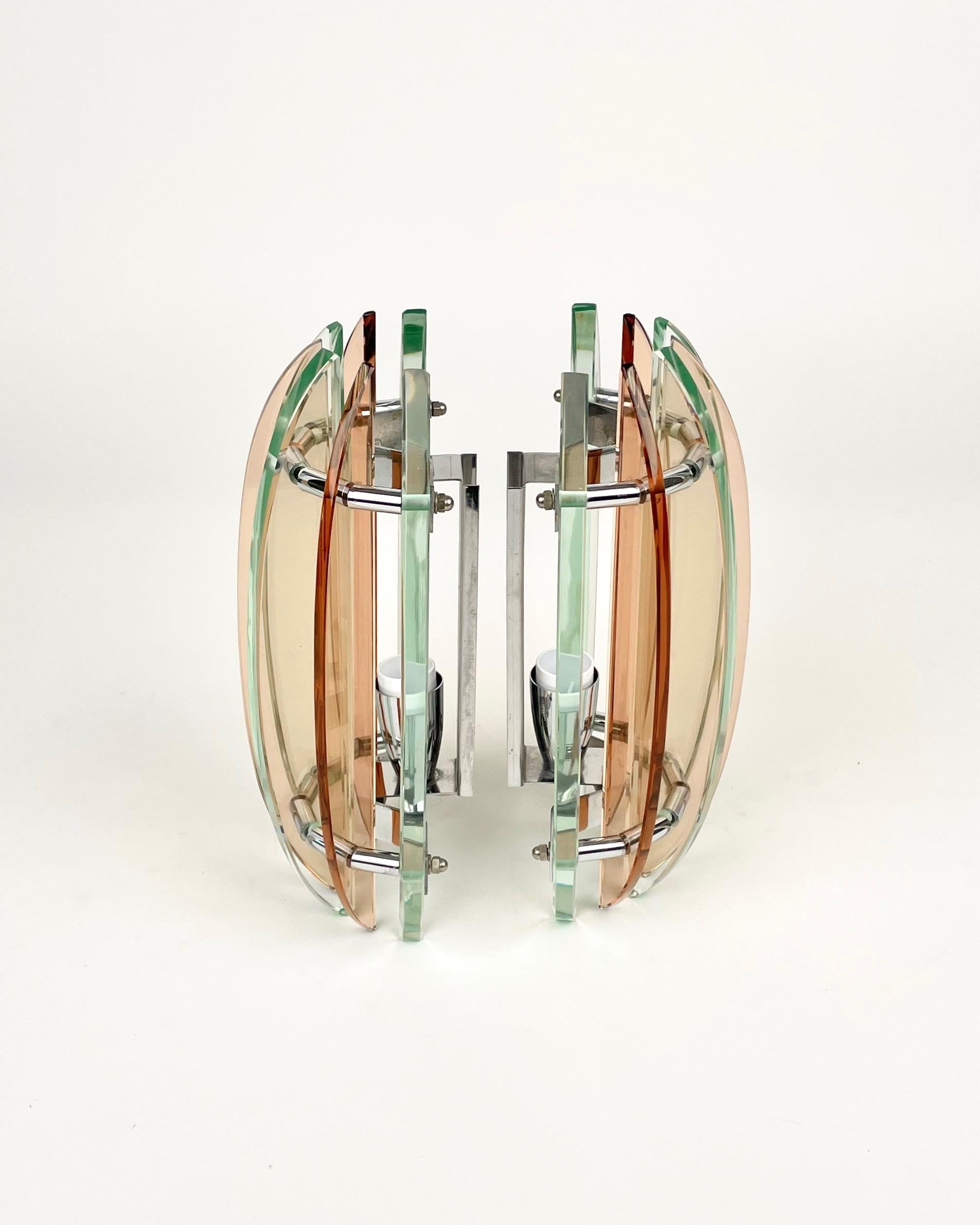 Italian Pair of Wall Sconces in Colored Glass and Chrome by Veca, Italy, 1970s