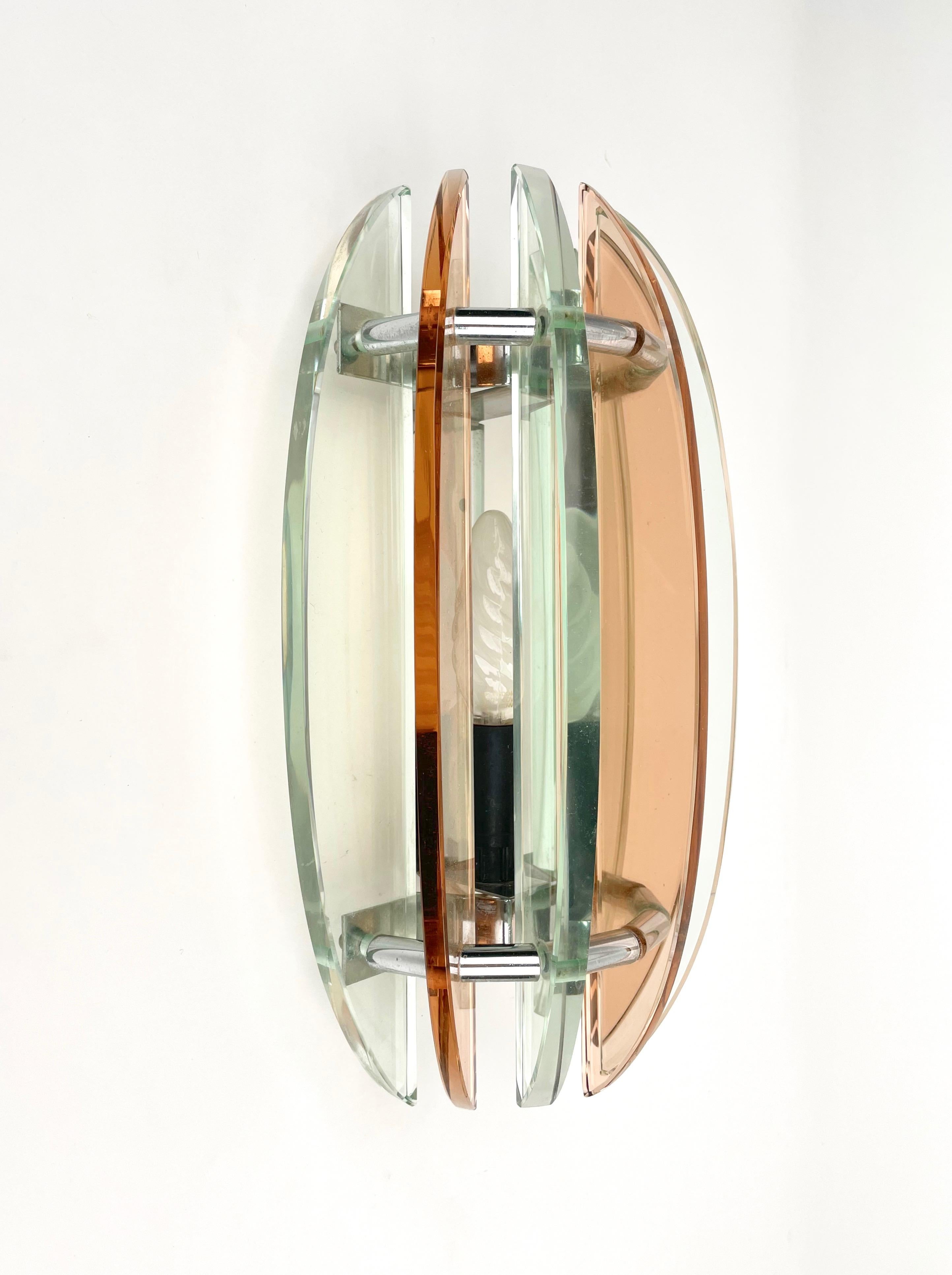 Late 20th Century Pair of Wall Sconces in Colored Glass and Chrome by Veca, Italy, 1970s For Sale