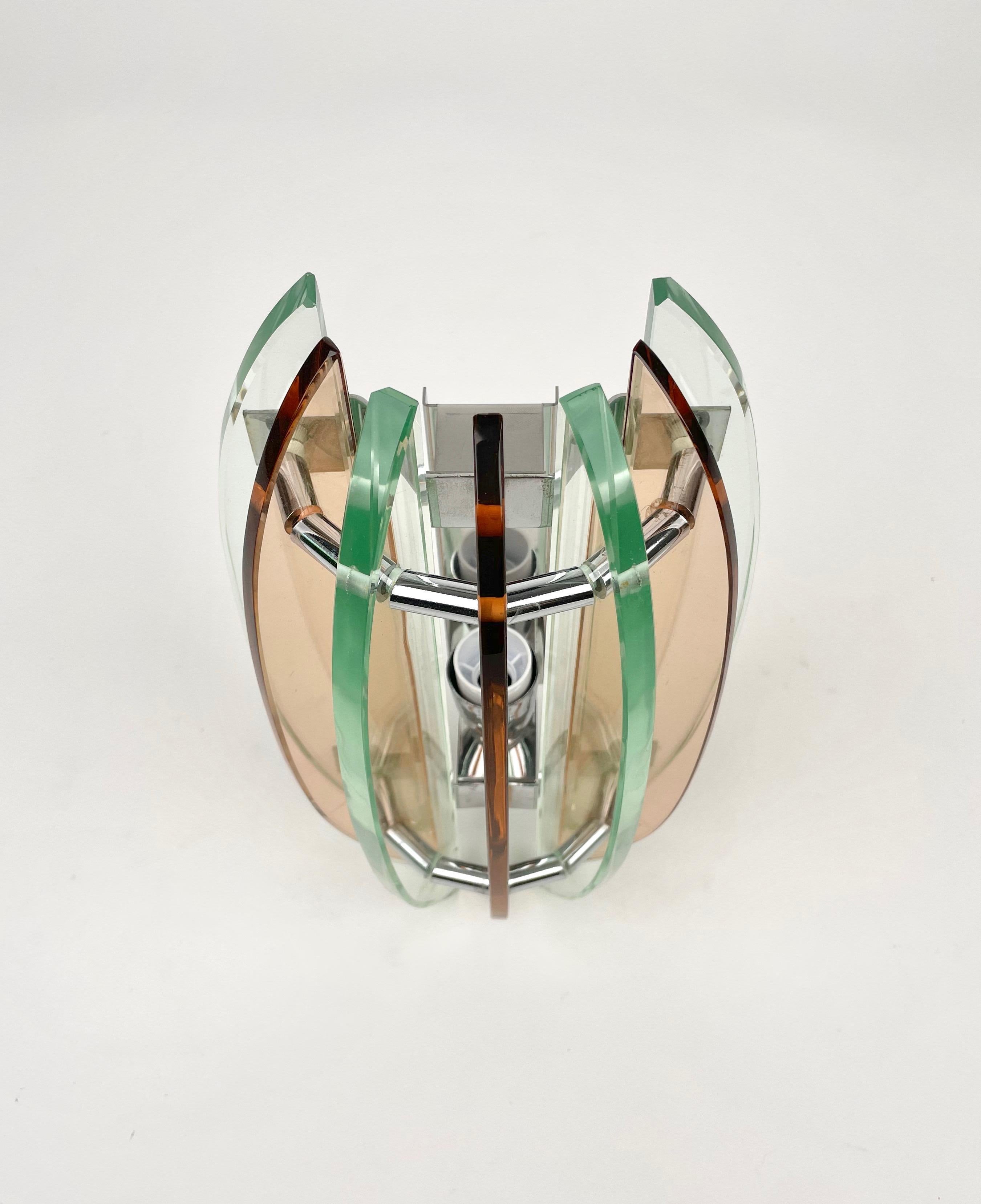 Late 20th Century Pair of Wall Sconces in Colored Glass and Chrome by Veca, Italy, 1970s For Sale