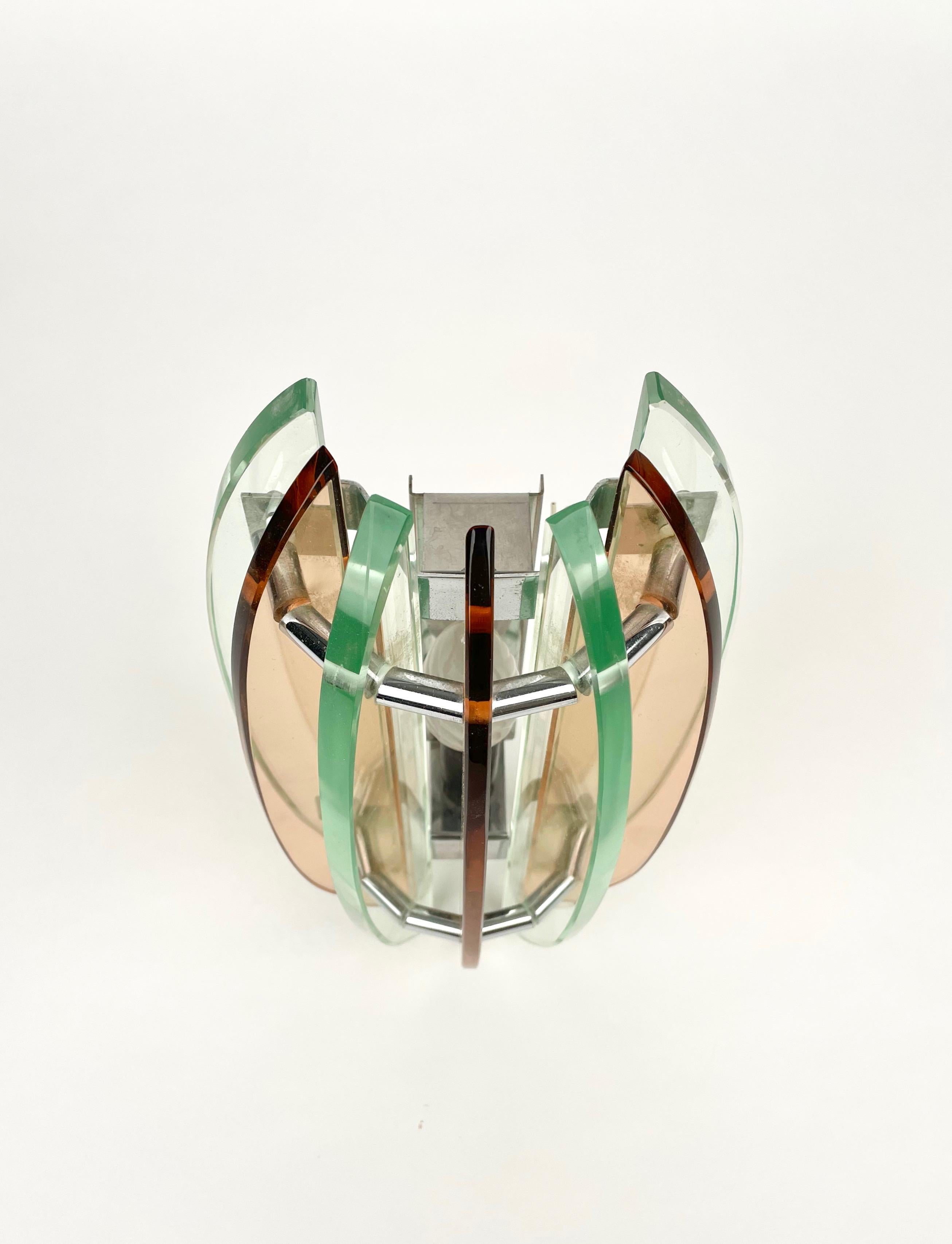 Metal Pair of Wall Sconces in Colored Glass and Chrome by Veca, Italy, 1970s For Sale