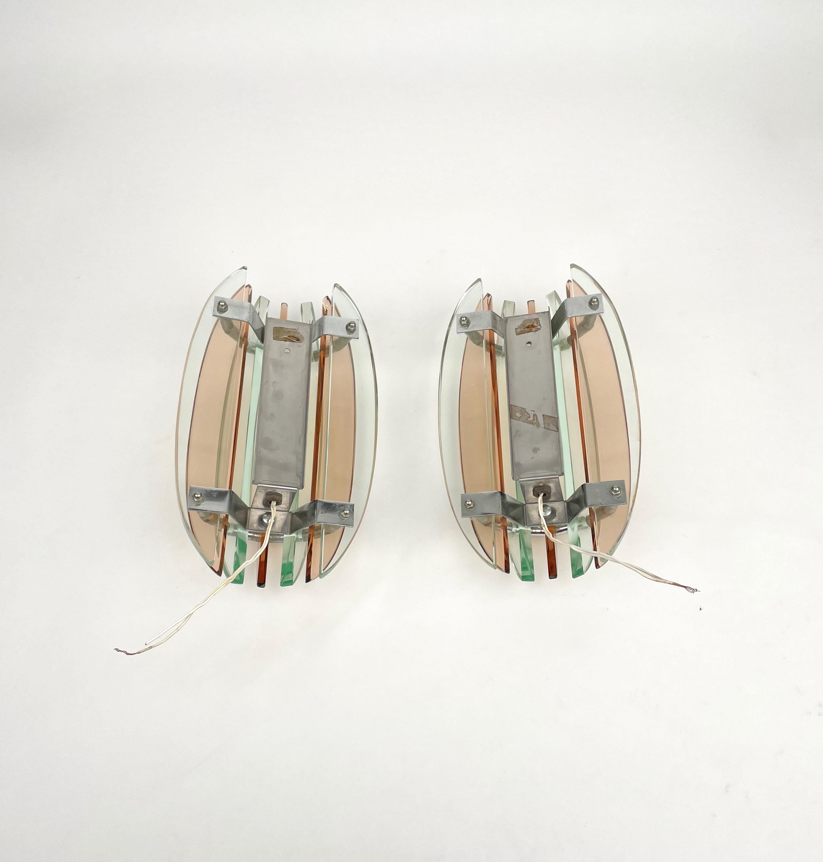 Pair of Wall Sconces in Colored Glass and Chrome by Veca, Italy, 1970s For Sale 1