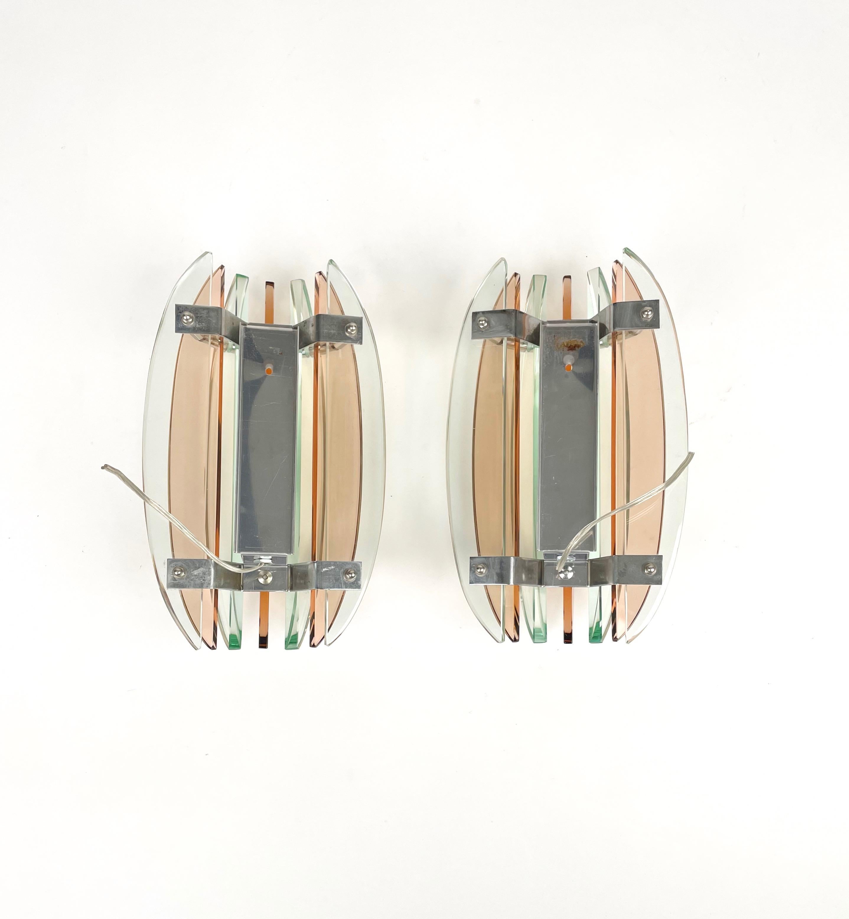 Pair of Wall Sconces in Colored Glass and Chrome by Veca, Italy, 1970s For Sale 2