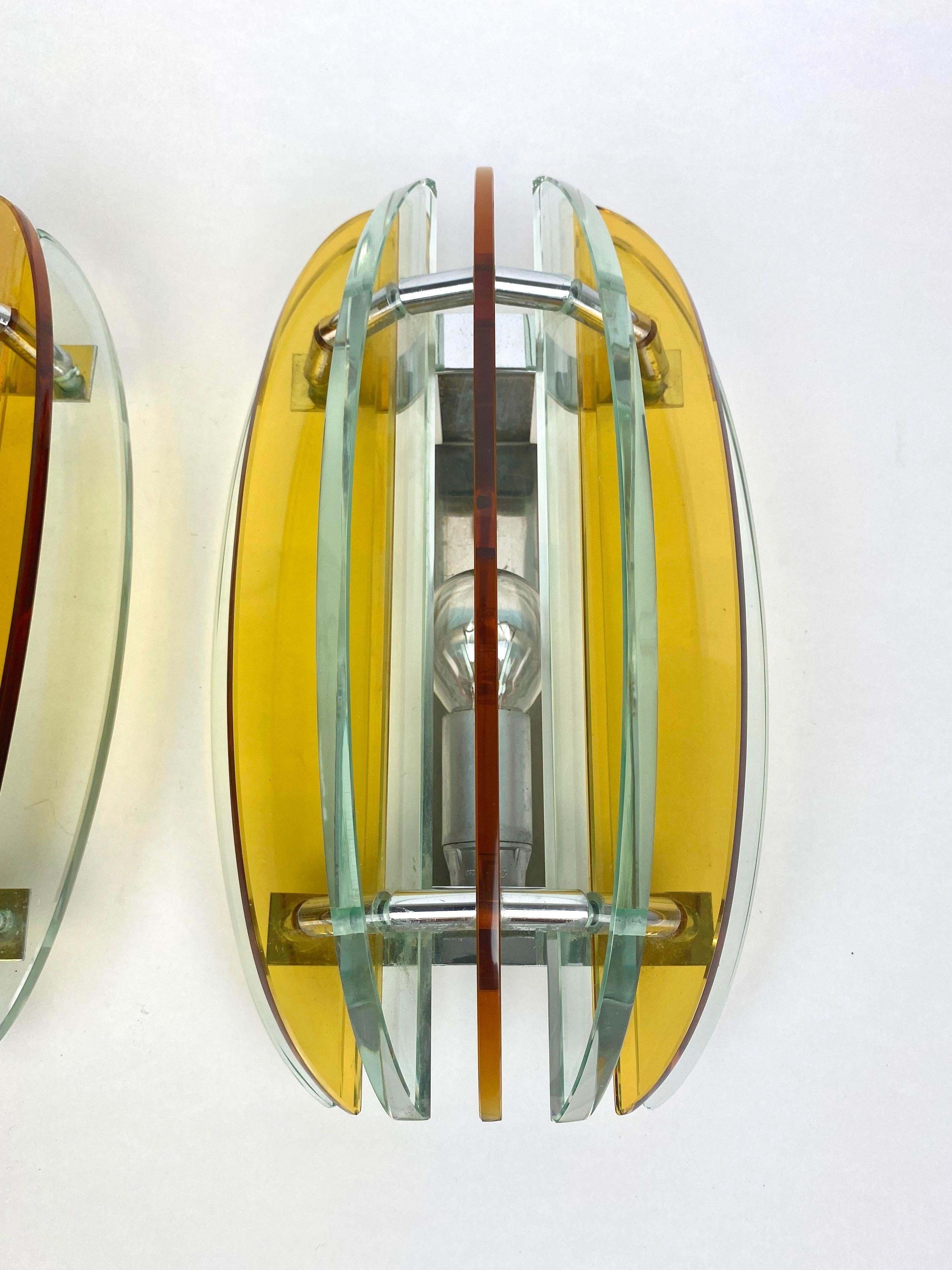 Italian Pair of Wall Sconces in Colored Glass and Chrome by Veca, Italy, 1970s