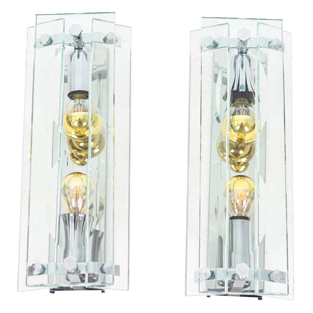 Pair of Wall Sconces in Glass and Chromed Metal, 1970s