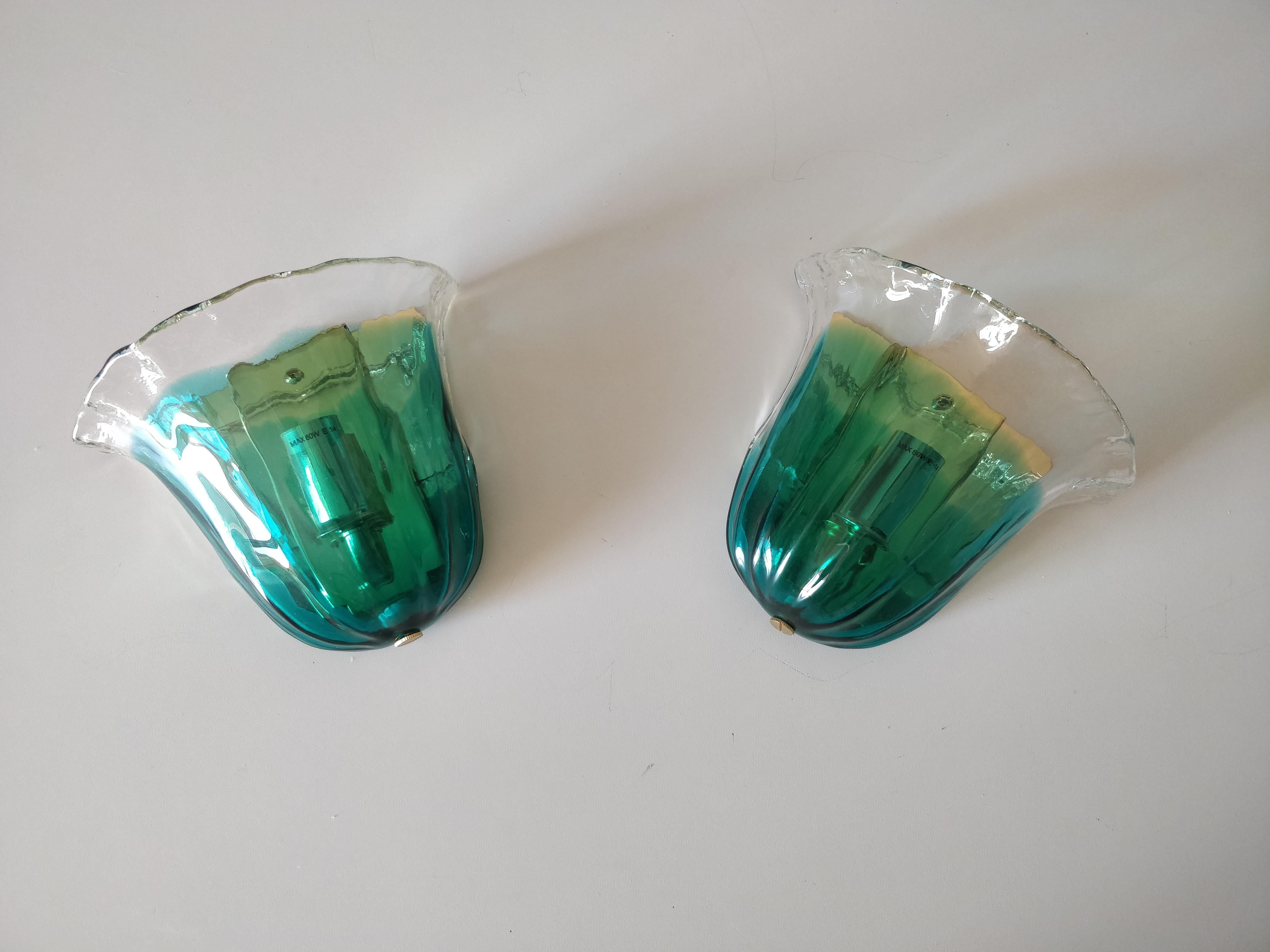  Pair of wall sconces in green  Murano glass 