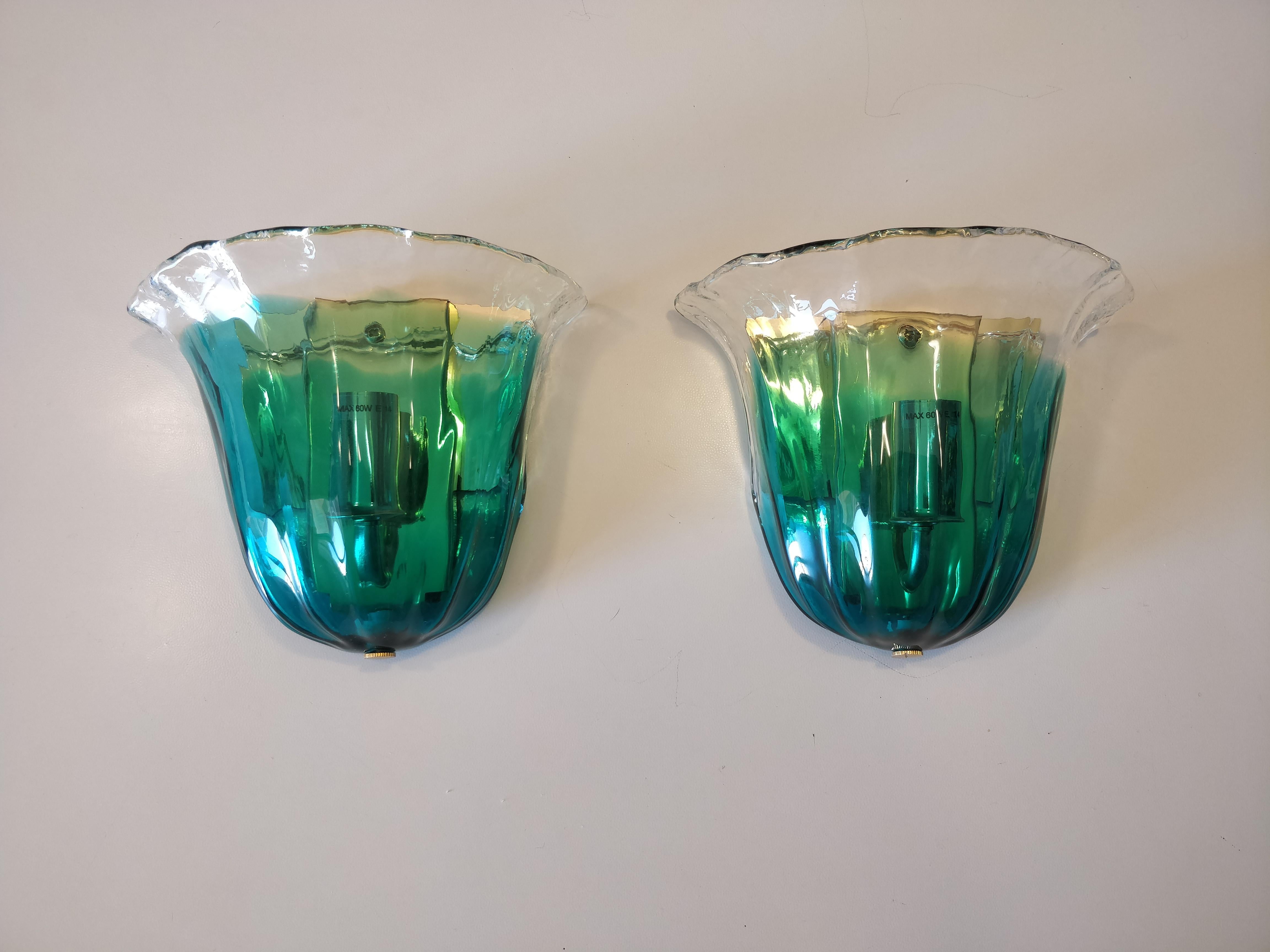 Italian  Pair of wall sconces in green  Murano glass 