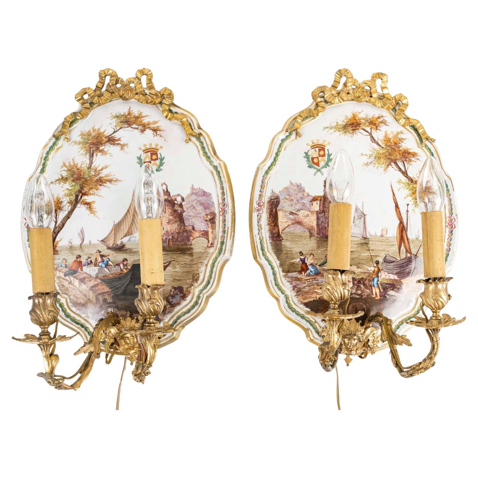 Pair of Wall Sconces in Porcelain and Gilt Bronze, Napoleon III Period.