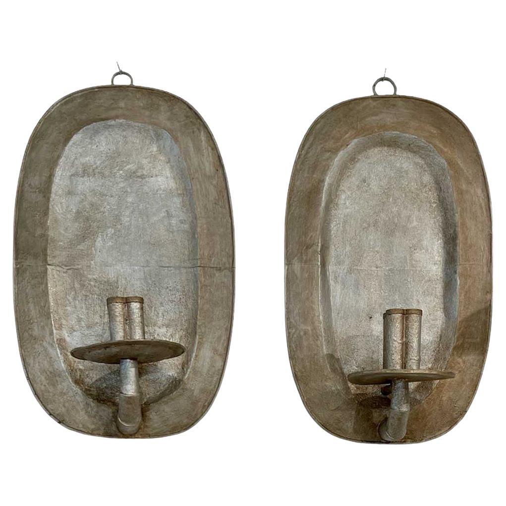 Pair of Wall Sconces in Silver Painted Tin 