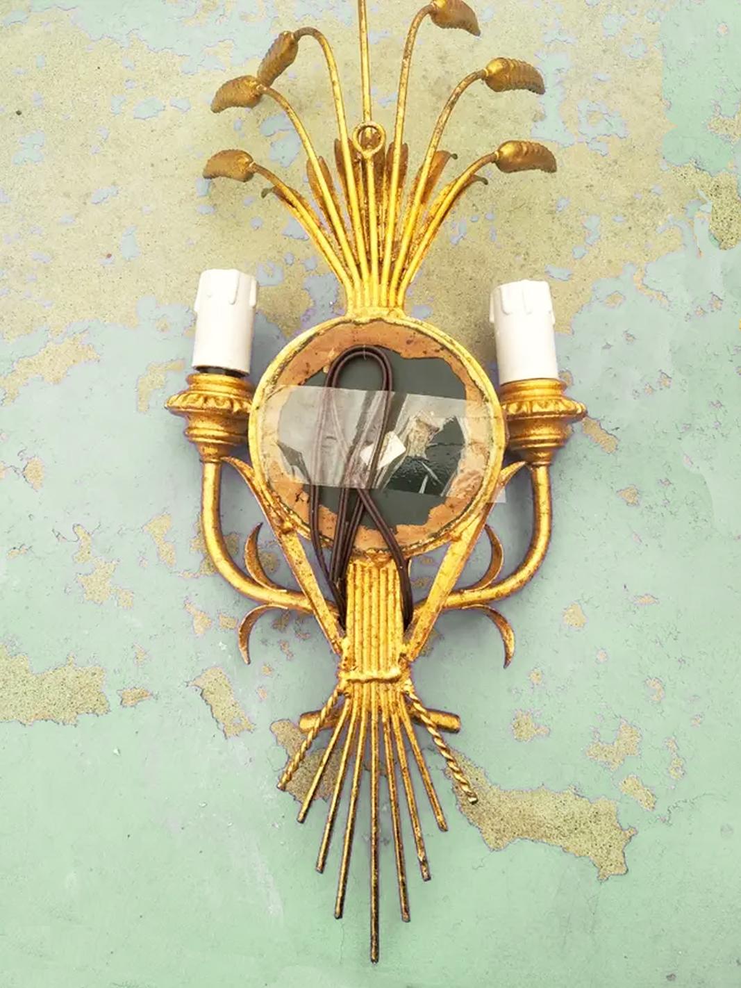 Wall Sconces  Maison Bagues Style Gold Leaf and Mirror Leves, France Midcentury In Excellent Condition For Sale In Mombuey, Zamora