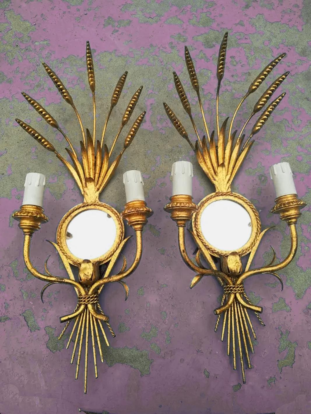 20th Century Wall Sconces  Maison Bagues Style Gold Leaf and Mirror Leves, France Midcentury For Sale