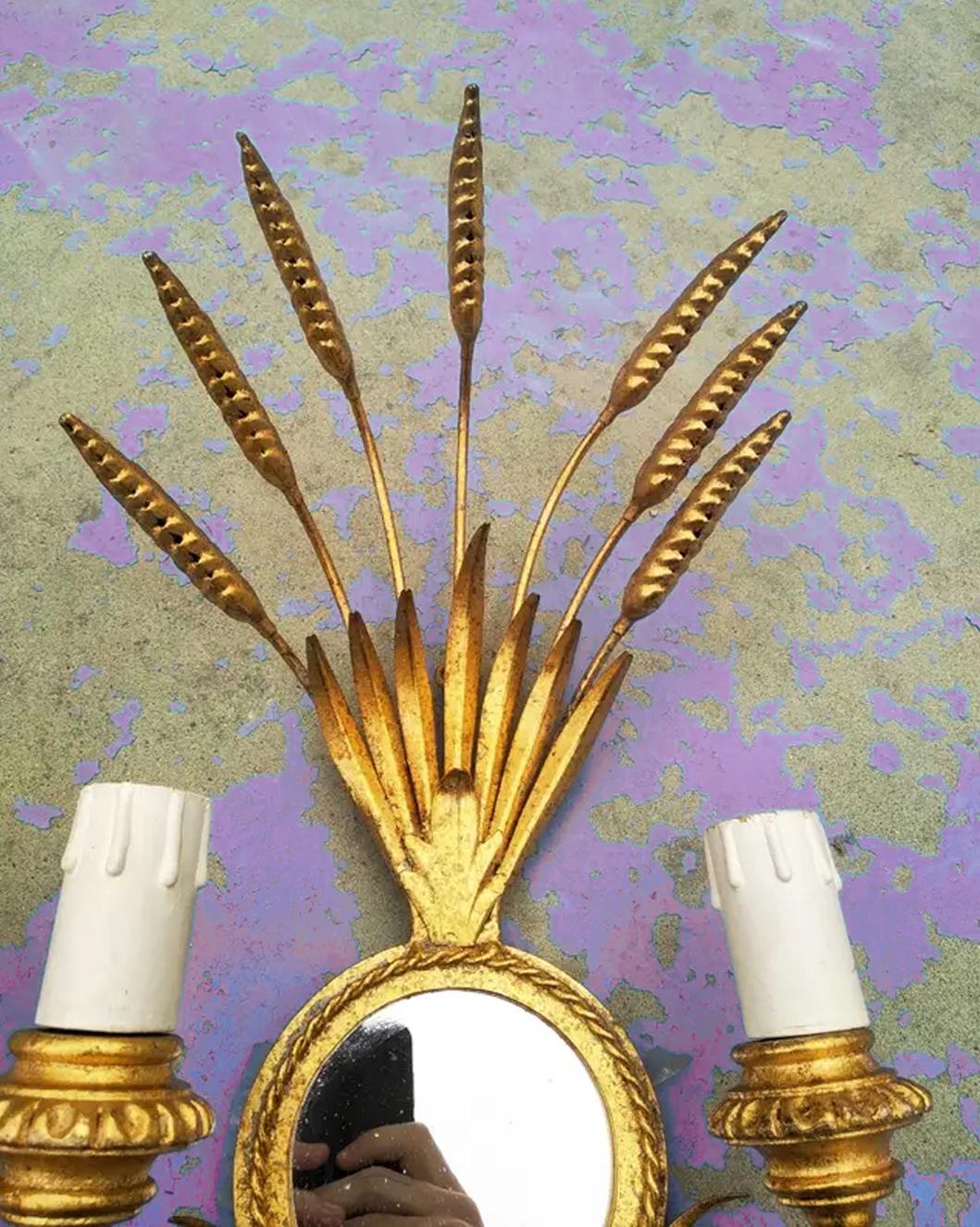 Wall Sconces  Maison Bagues Style Gold Leaf and Mirror Leves, France Midcentury For Sale 1