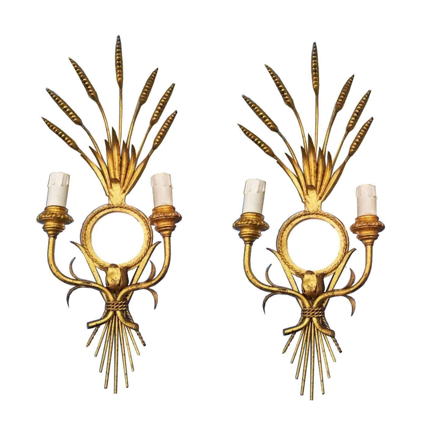 Wall Sconces  Maison Bagues Style Gold Leaf and Mirror Leves, France Midcentury For Sale 2