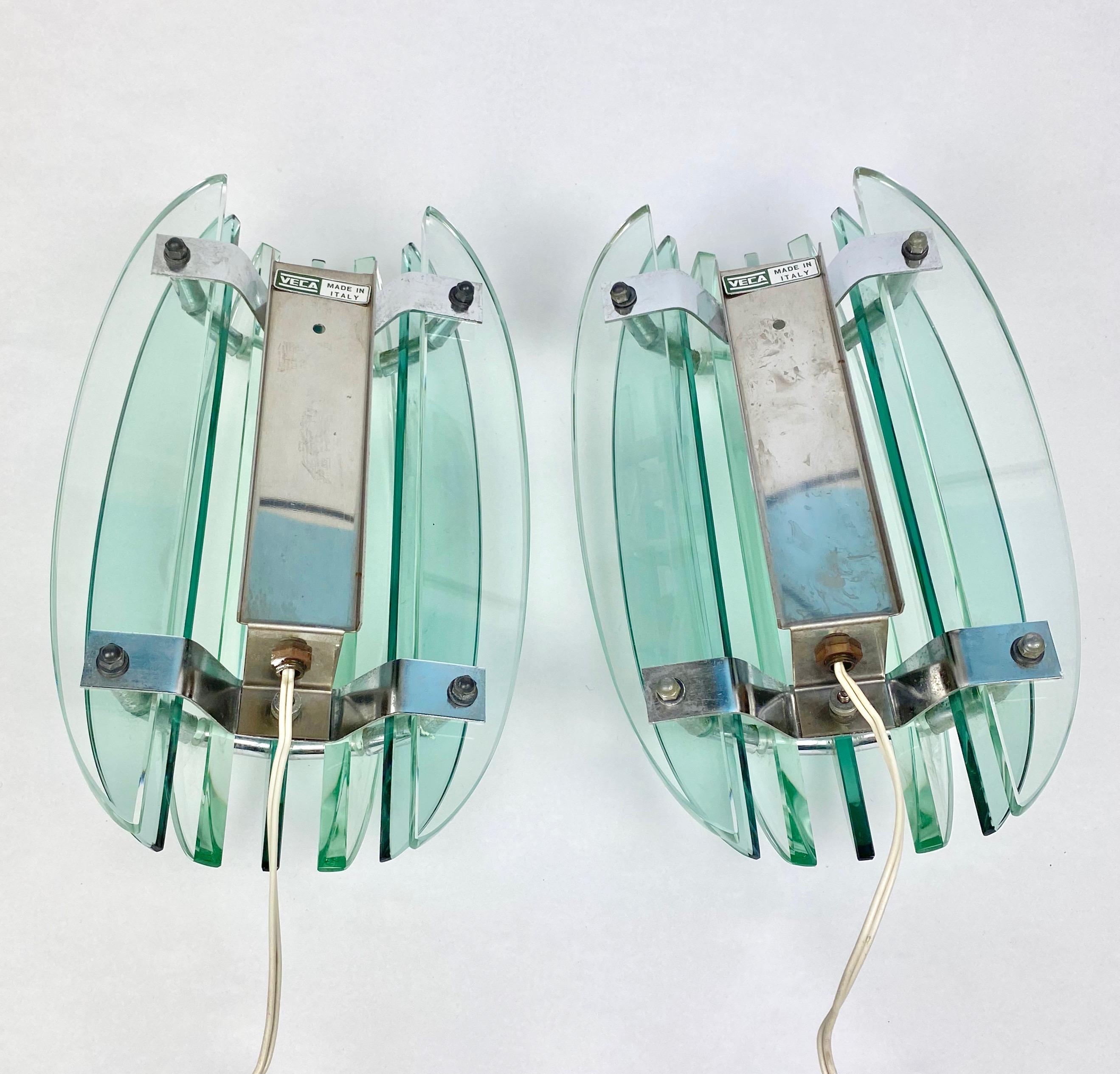 Italian Pair of Wall Sconces Lamp in green Glass and Chrome by Veca, Italy, 1970s