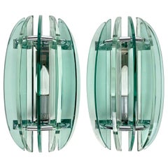 Pair of Wall Sconces Lamp in green Glass and Chrome by Veca, Italy, 1970s