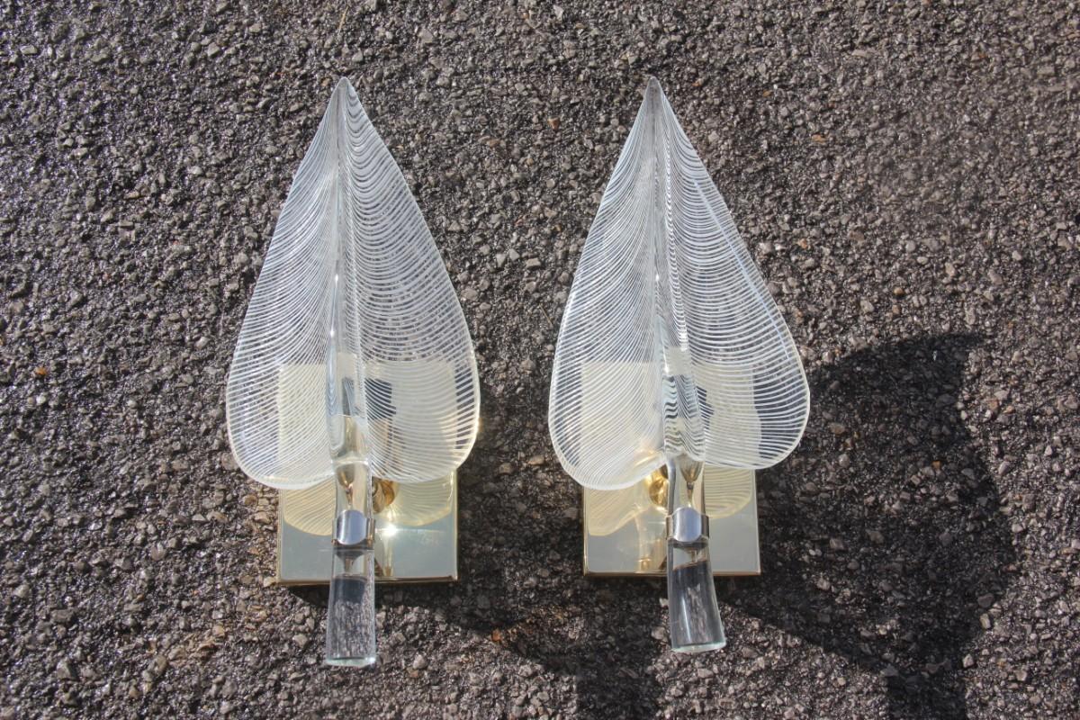 Pair of Wall Sconces Leaves Franco Luce Design, 1970s Murano Glass Brass Parts For Sale 4