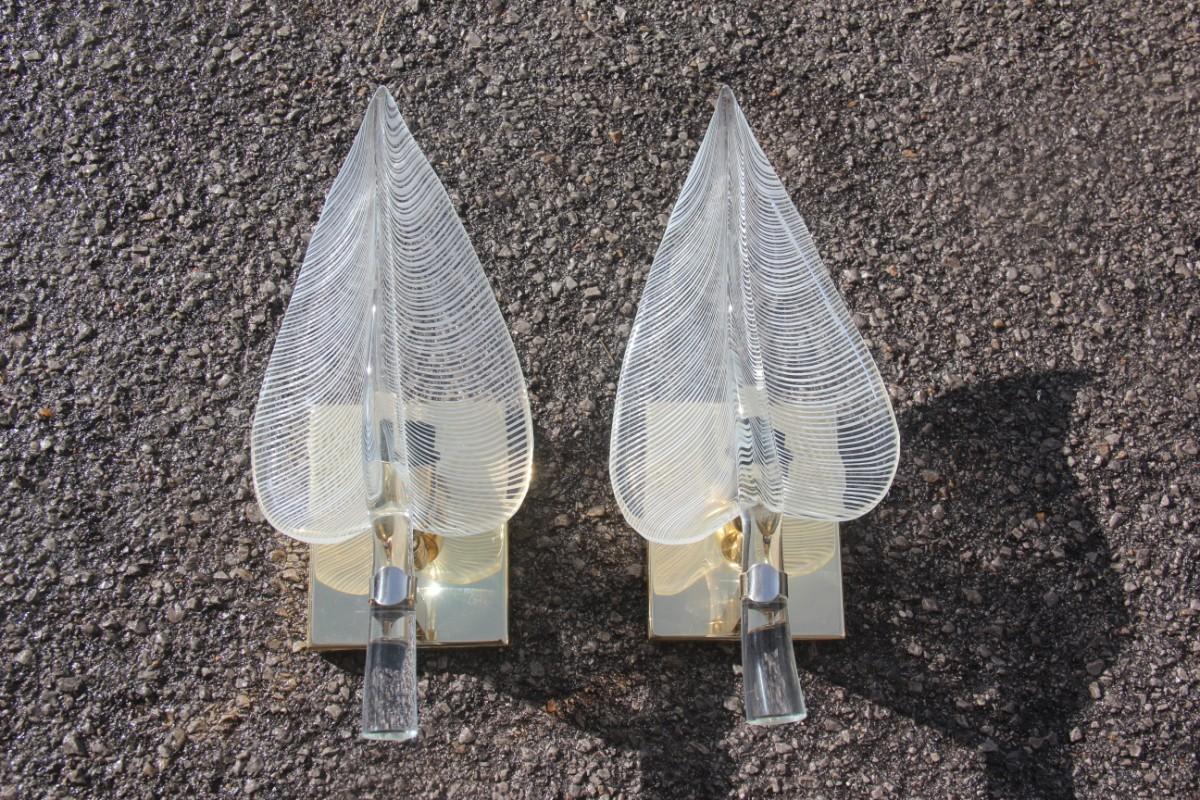 Pair of Wall Sconces Leaves Franco Luce Design, 1970s Murano Glass Brass Parts  For Sale 4