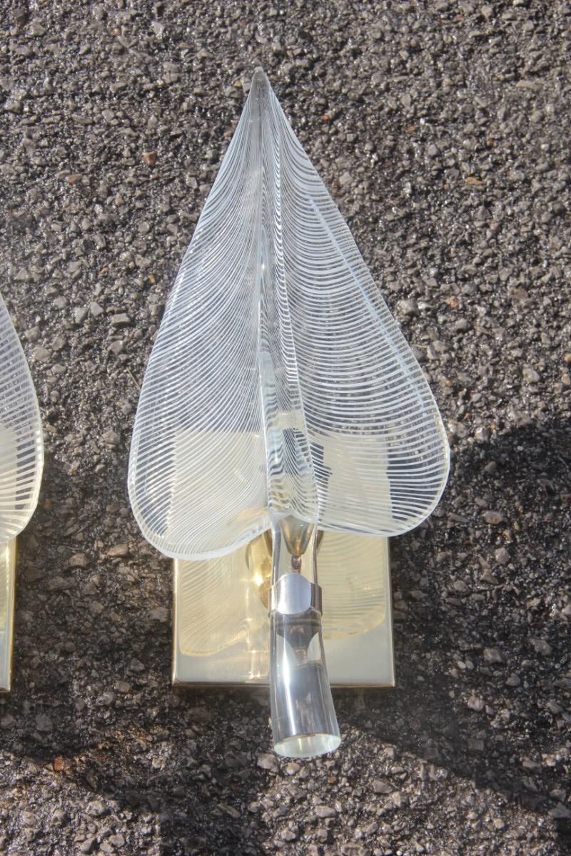 Pair of Wall Sconces Leaves Franco Luce Design, 1970s Murano Glass Brass Parts  For Sale 6