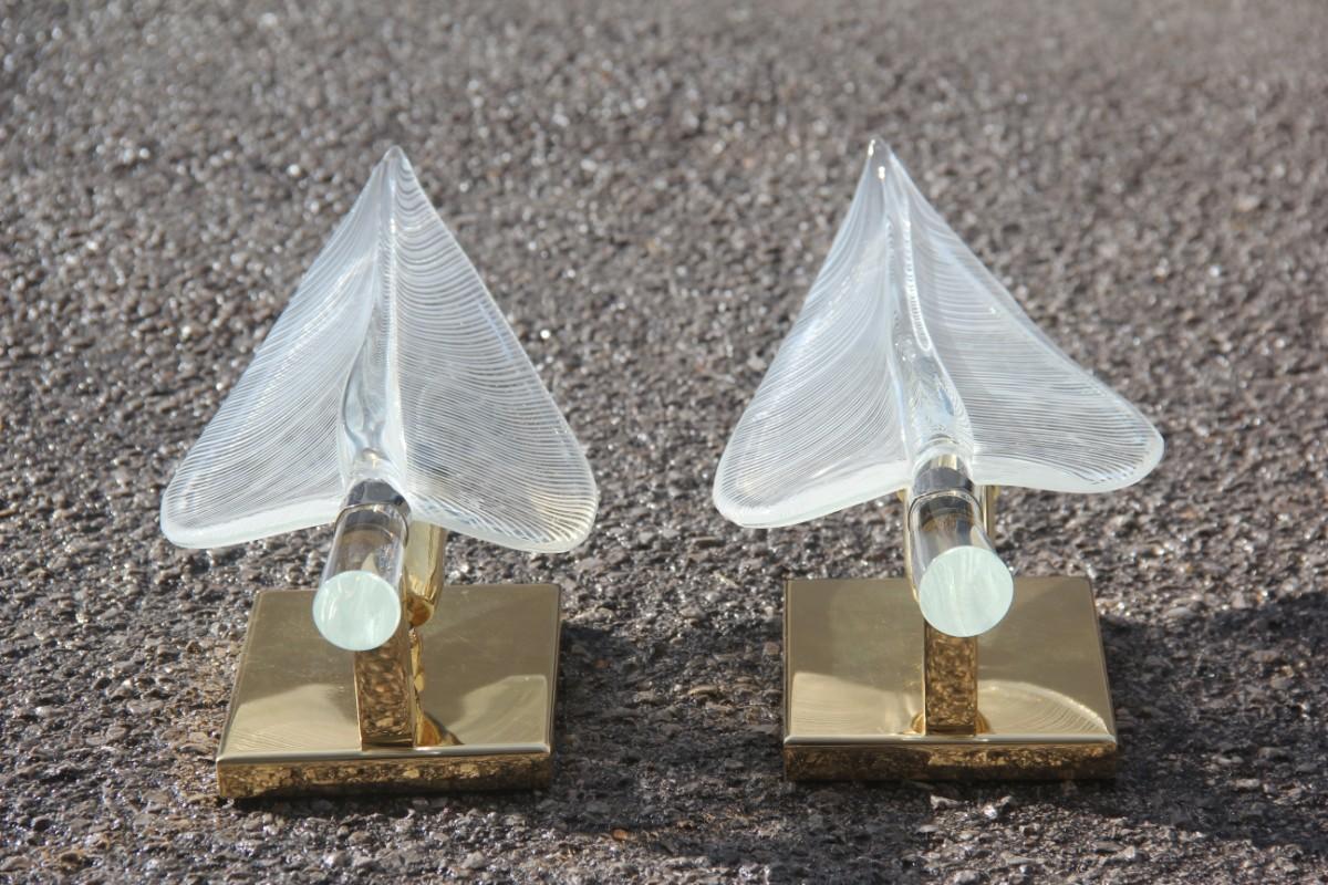 Mid-Century Modern Pair of Wall Sconces Leaves Franco Luce Design, 1970s Murano Glass Brass Parts  For Sale