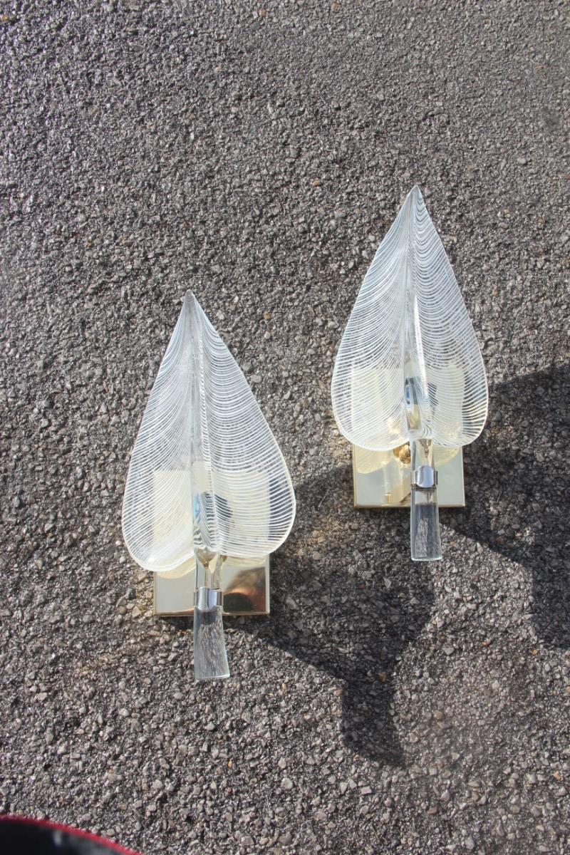 Late 20th Century Pair of Wall Sconces Leaves Franco Luce Design, 1970s Murano Glass Brass Parts  For Sale