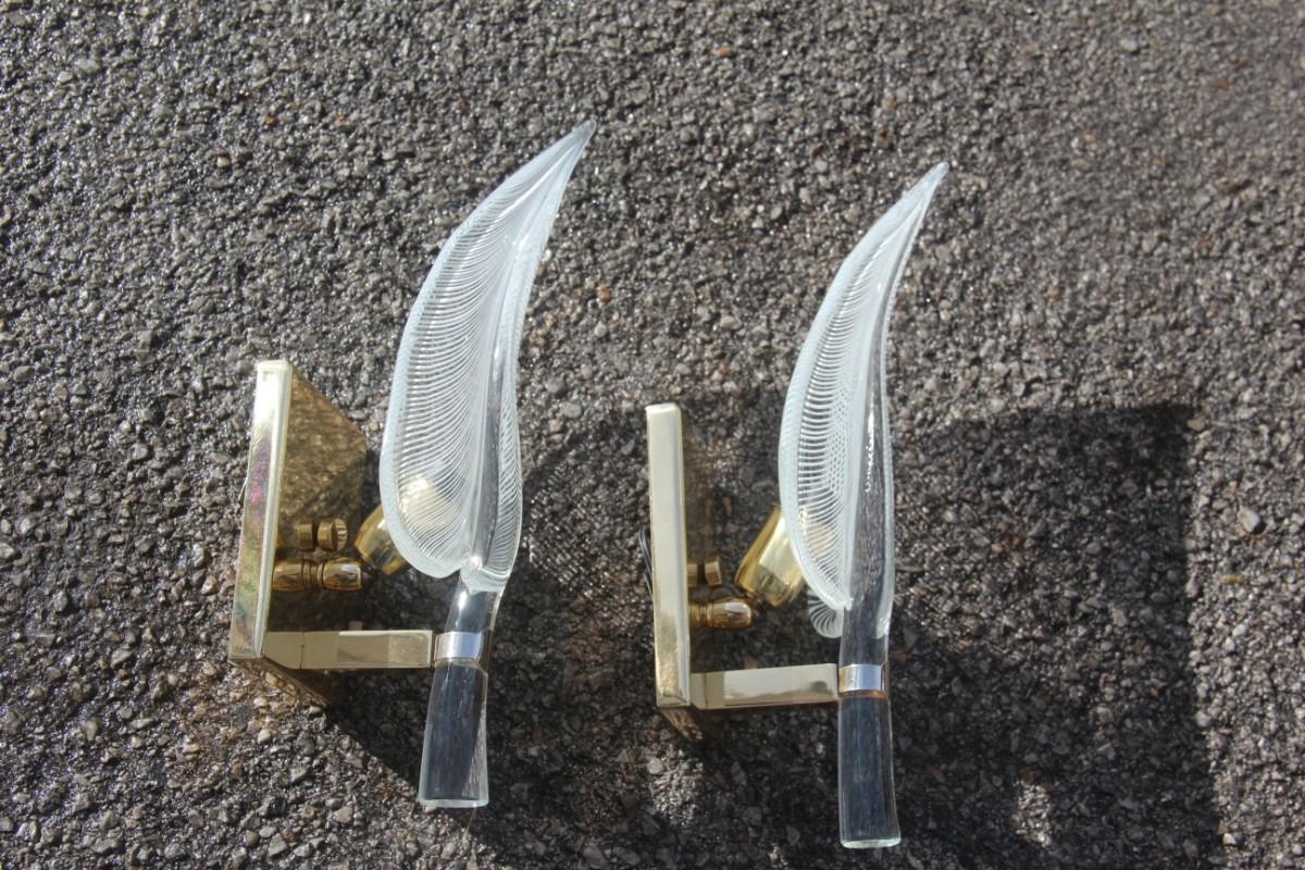 Pair of Wall Sconces Leaves Franco Luce Design, 1970s Murano Glass Brass Parts  For Sale 1