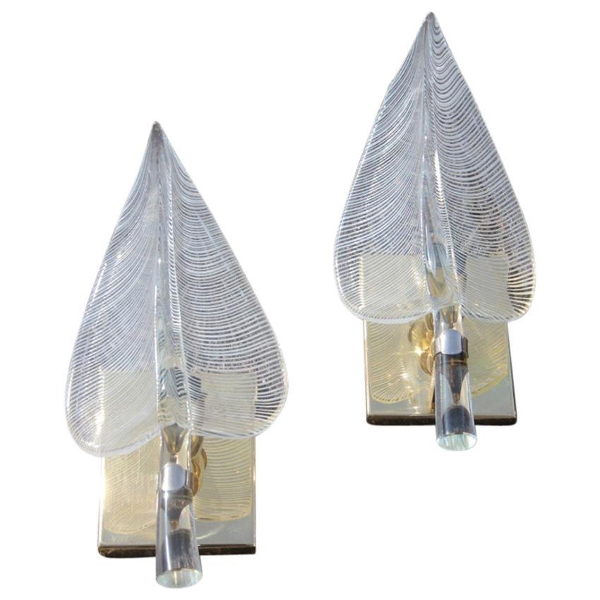 Coppia di appliques Foglie Franco Luce Design, anni '70 Vetro di Murano Parti in ottone