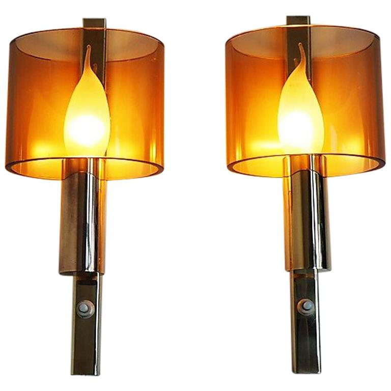 Pair of Wall Sconces Made in Brass and Plexiglas - Danish Vintage Design, 1960s