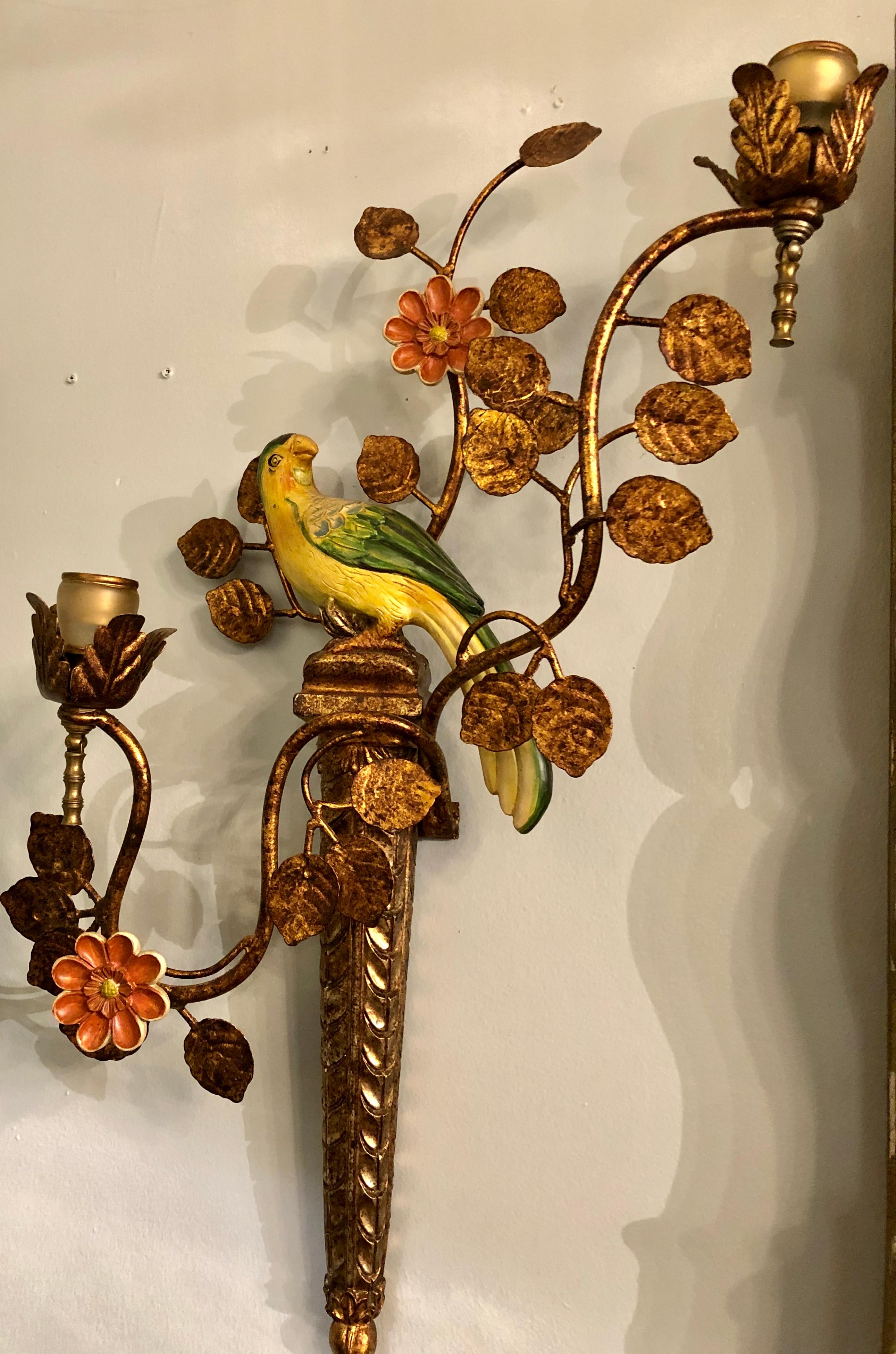 Pair of Wall Sconces Oriental Parrot Decorated Pink and Green Designed In Good Condition In Stamford, CT