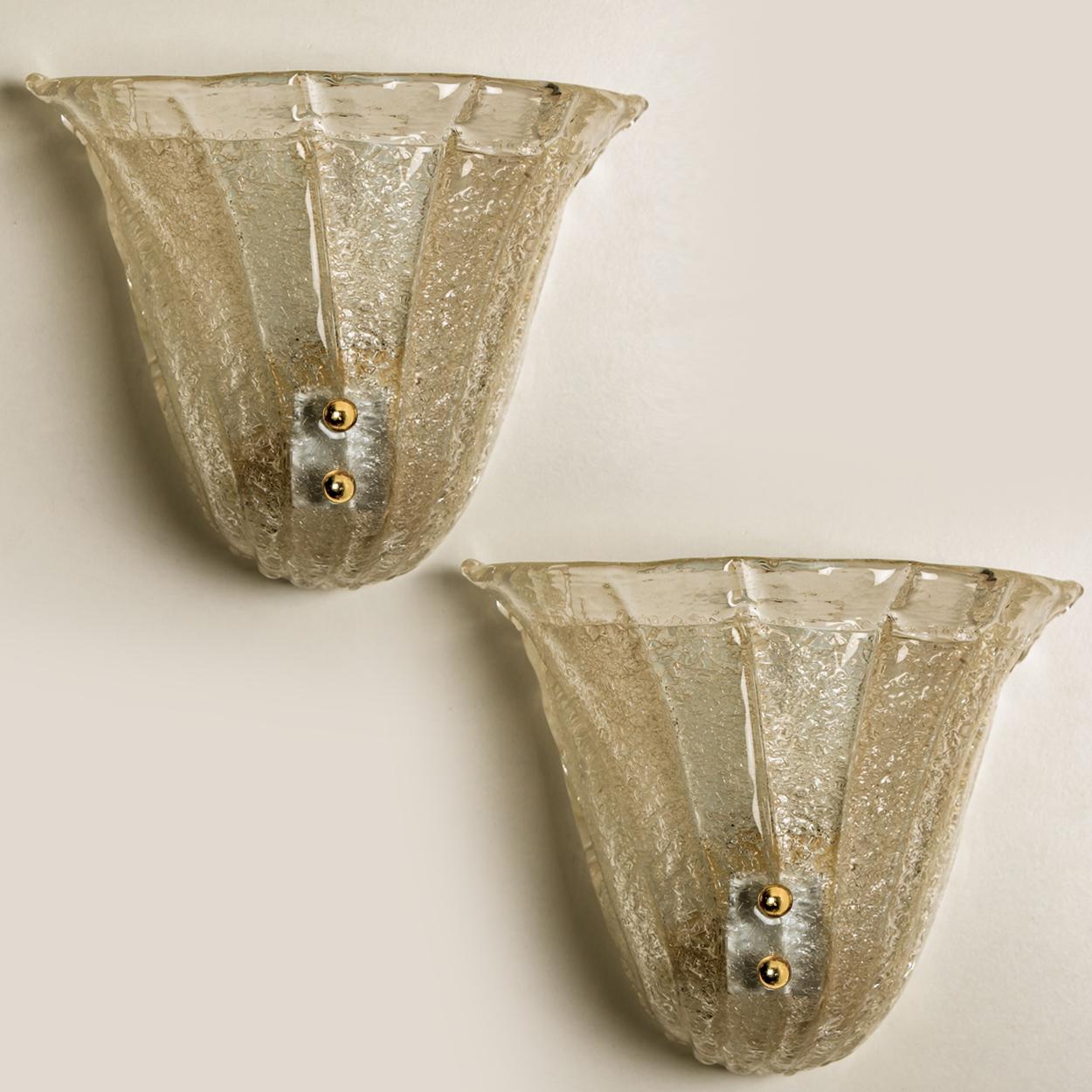 Italian Pair of Wall Sconces Tulip Shaped Glass and Gold-Plated, Italy, 1960 For Sale