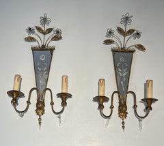 Pair of Wall Sconces with Engraved Mirror & Crystal Flowers by Maison Baguès.