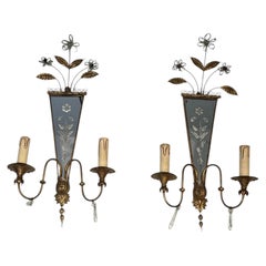 Pair of Wall Sconces with Engraved Mirror & Crystal Flowers by Maison Baguès.
