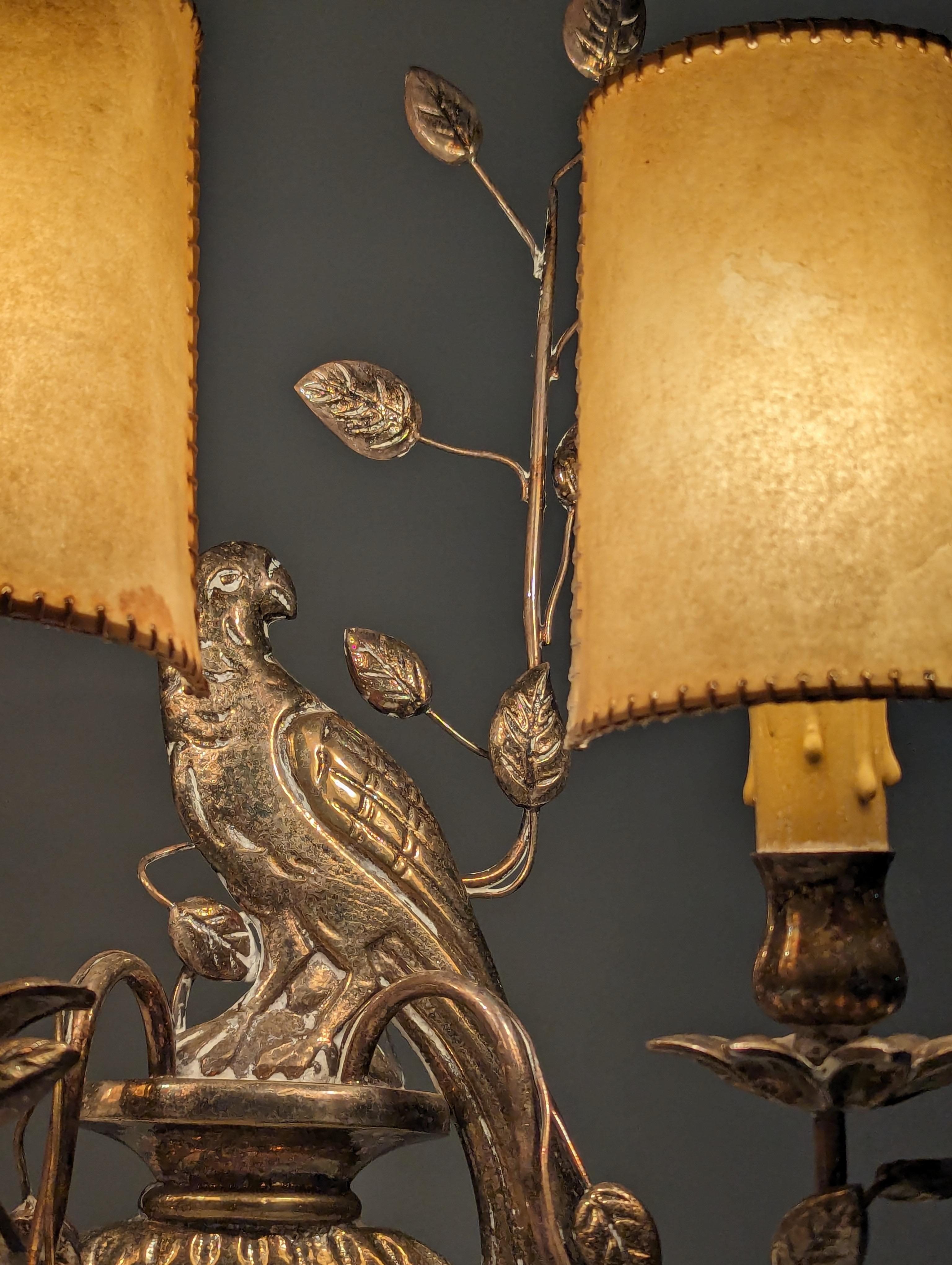 Belle Époque Pair of wall sconces with parrots and leaves by Maison Bagues. For Sale