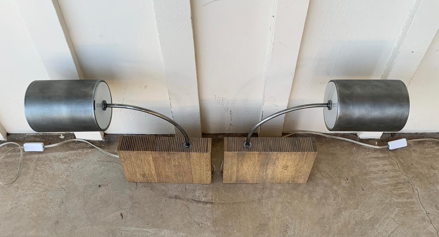 Modern Pair of Wall Sconces with Wood Block Bases