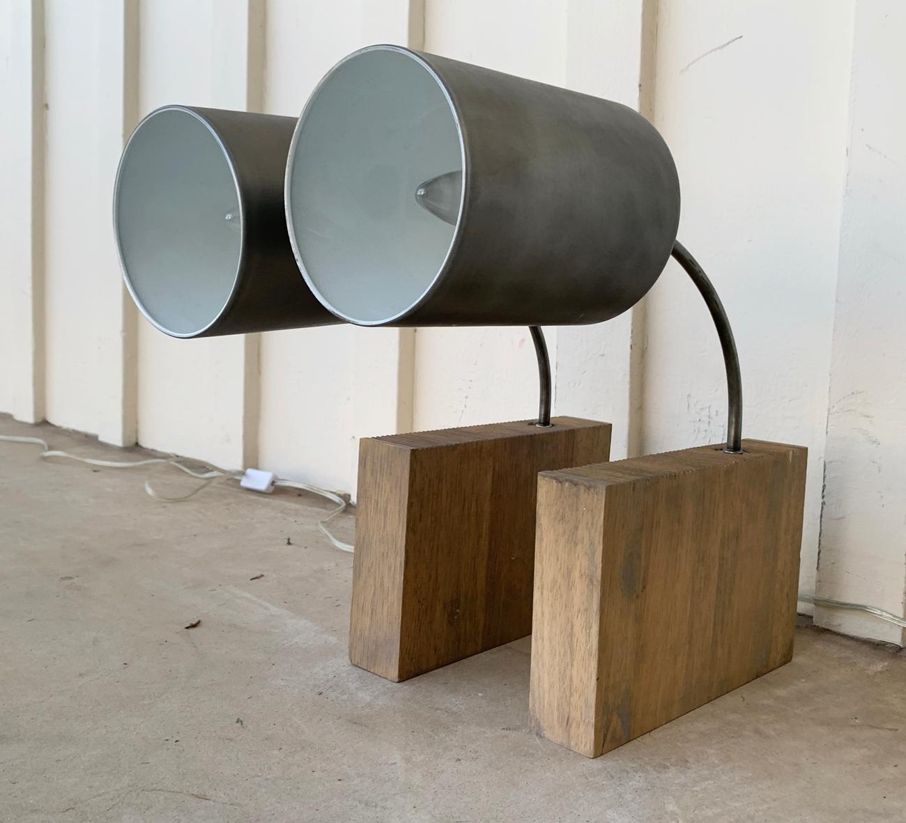 Metal Pair of Wall Sconces with Wood Block Bases