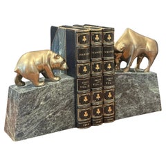 Pair of "Wall Street" Bear and Bull Brass Bookends on Green Marble Bases
