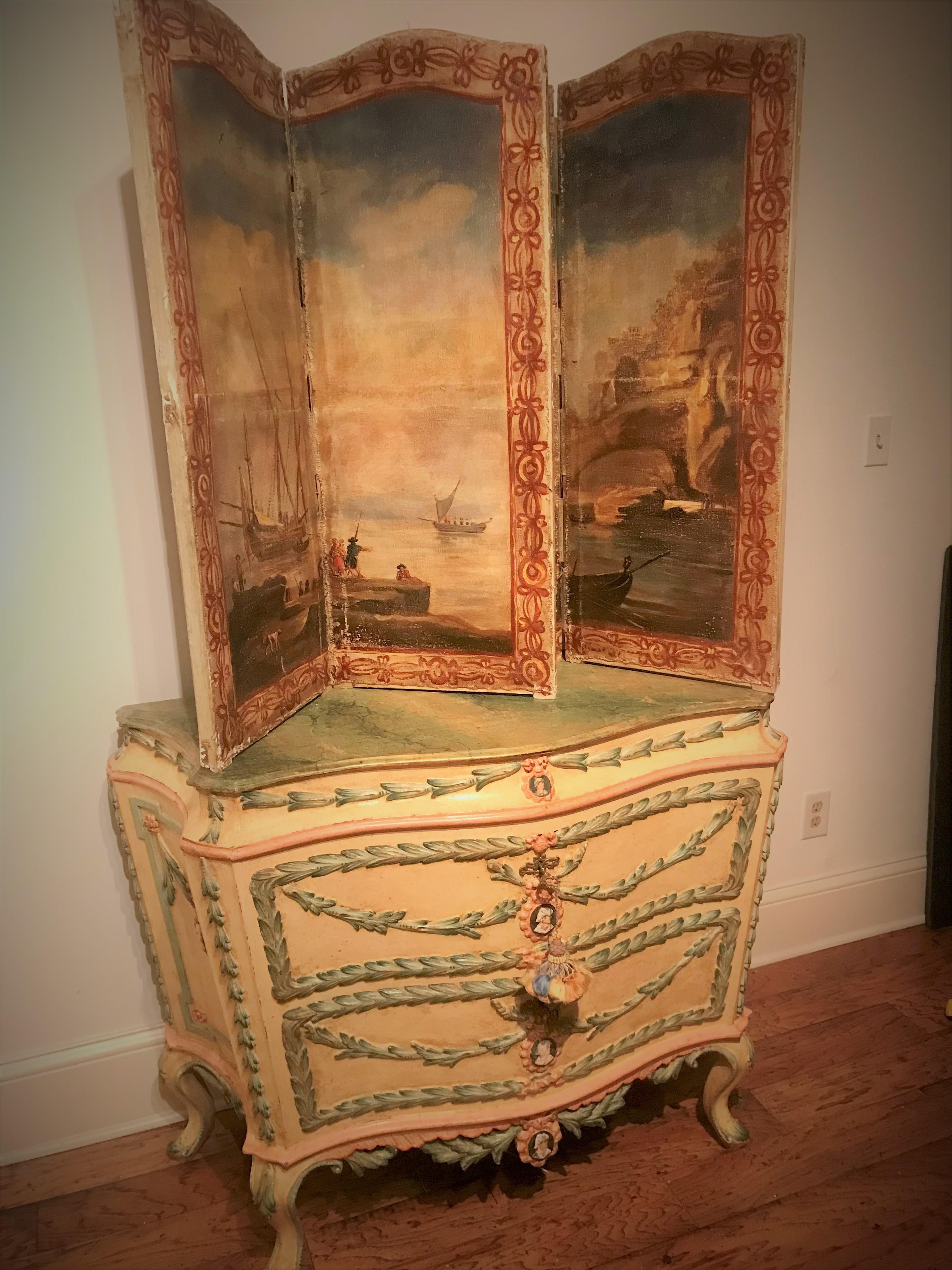 Hand-Painted Pair of Wall-table-floor Hand Painted Double Paneled Screens of Seascapes